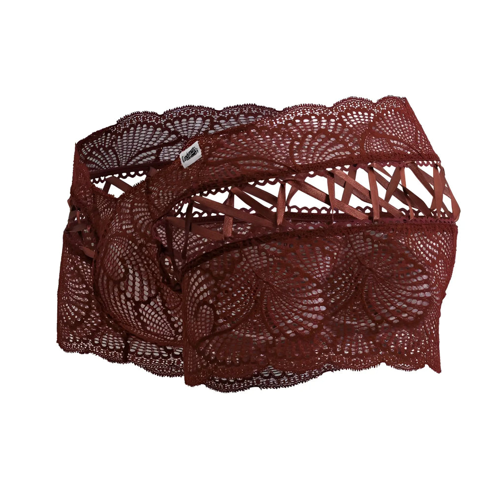 A pair of candyman 99916 burgundy lace trunks featuring intricate floral patterns and scalloped edges