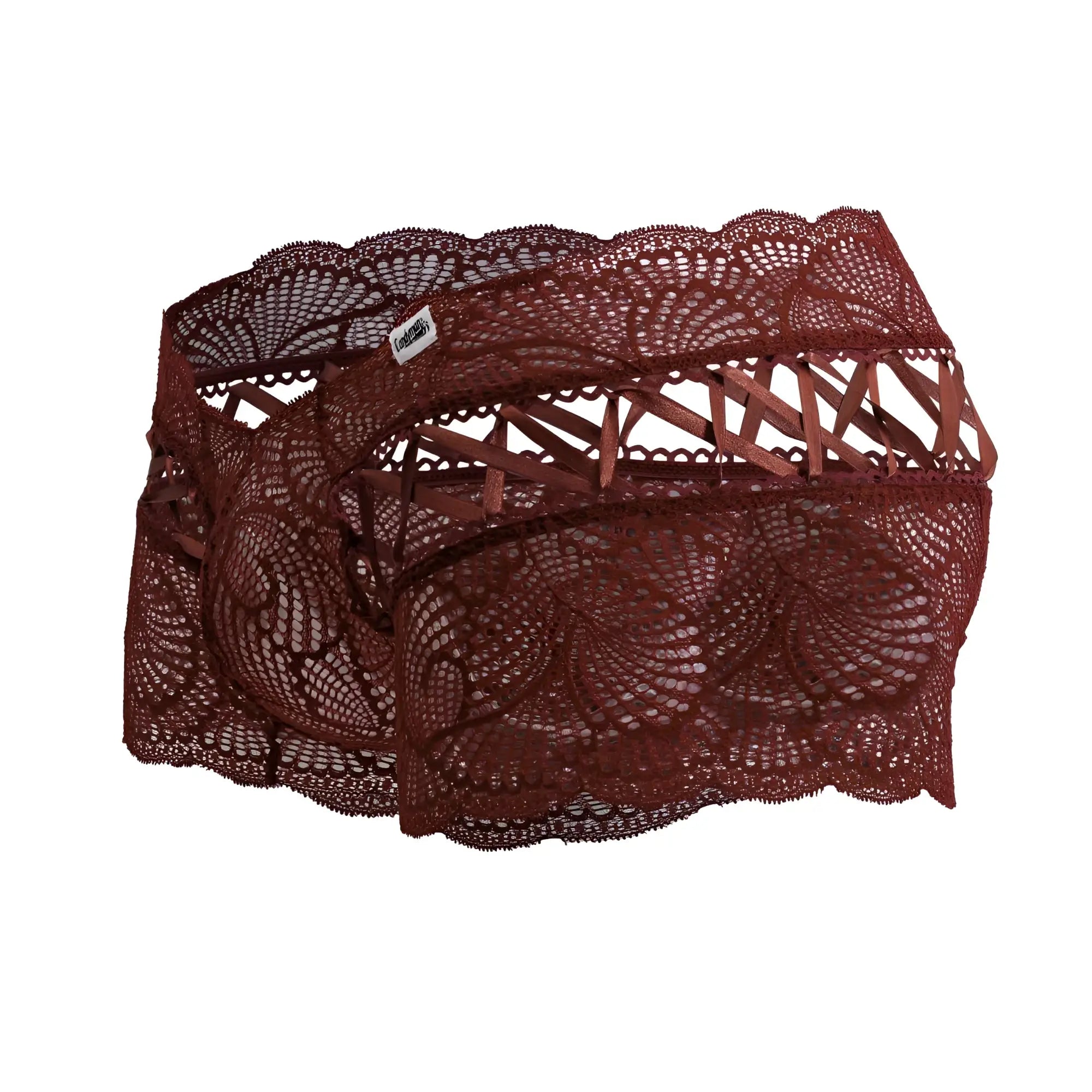 A pair of candyman 99916 burgundy lace trunks featuring intricate floral patterns and scalloped edges