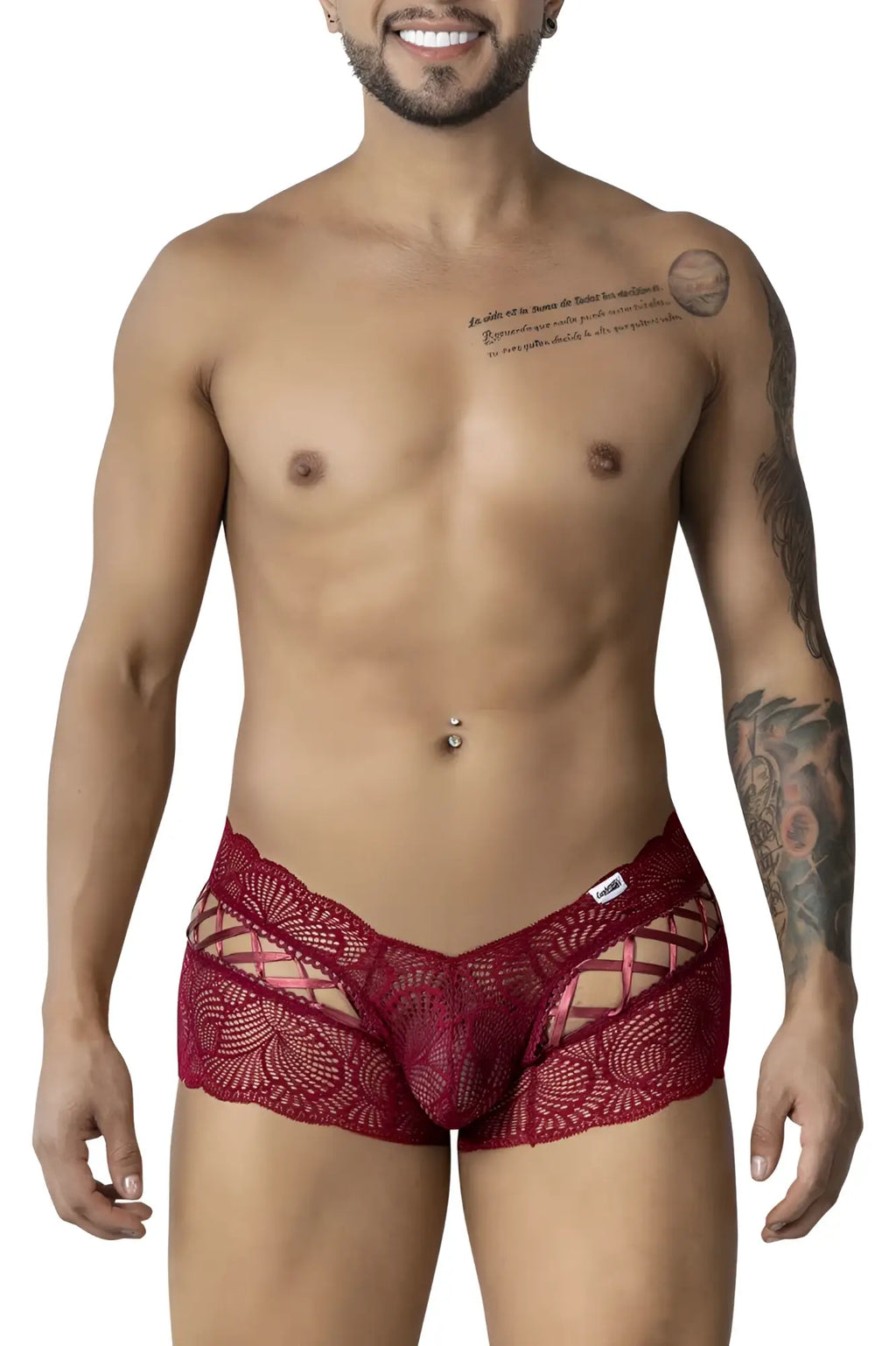 CandyMan 99916 burgundy red lace men’s briefs with intricate floral patterns and a cut-out design