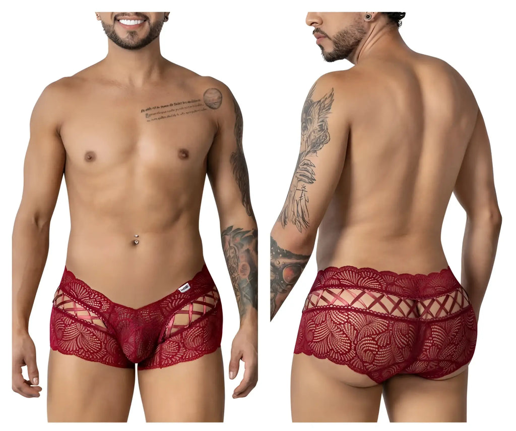 CandyMan 99916 lace trunks burgundy red lace men’s underwear with intricate floral patterns and sheer mesh design