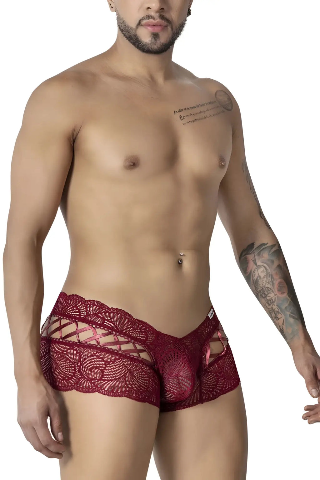 CandyMan 99916 lace trunks men’s burgundy red lace underwear with intricate floral sheer mesh design