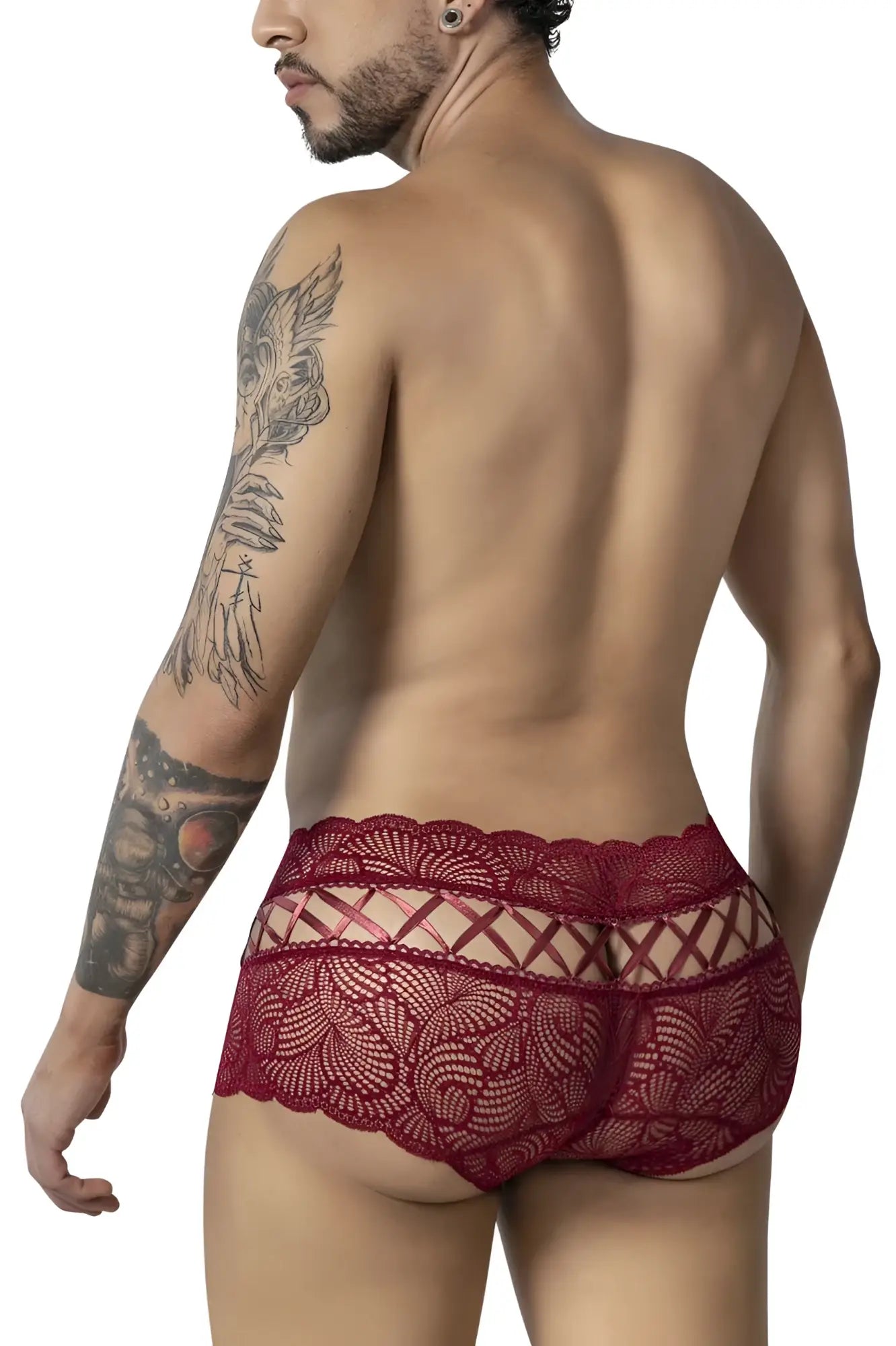 CandyMan 99916 lace trunks burgundy red lace underwear with intricate floral patterns and sheer crisscrossed back panel