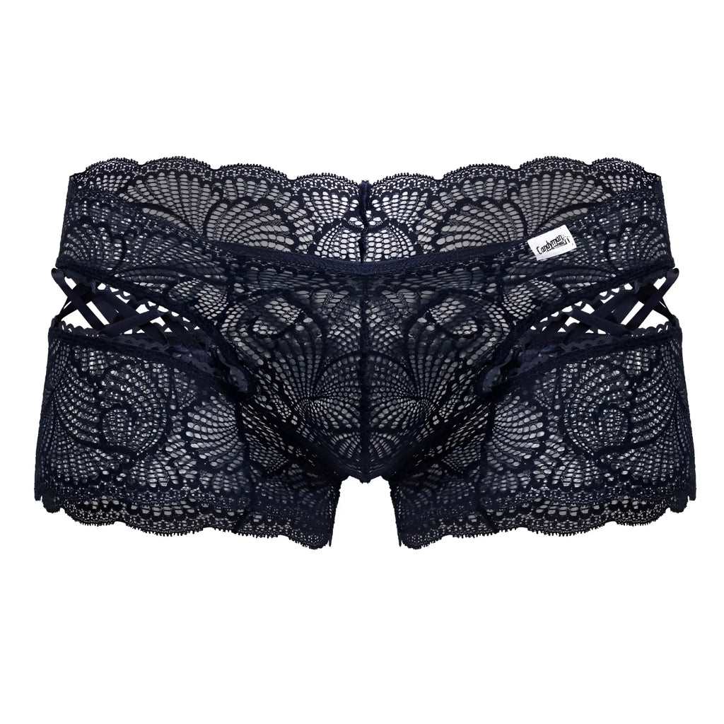 Candyman 99916 lace trunks navy in black lace with intricate floral patterns and scalloped edges front view