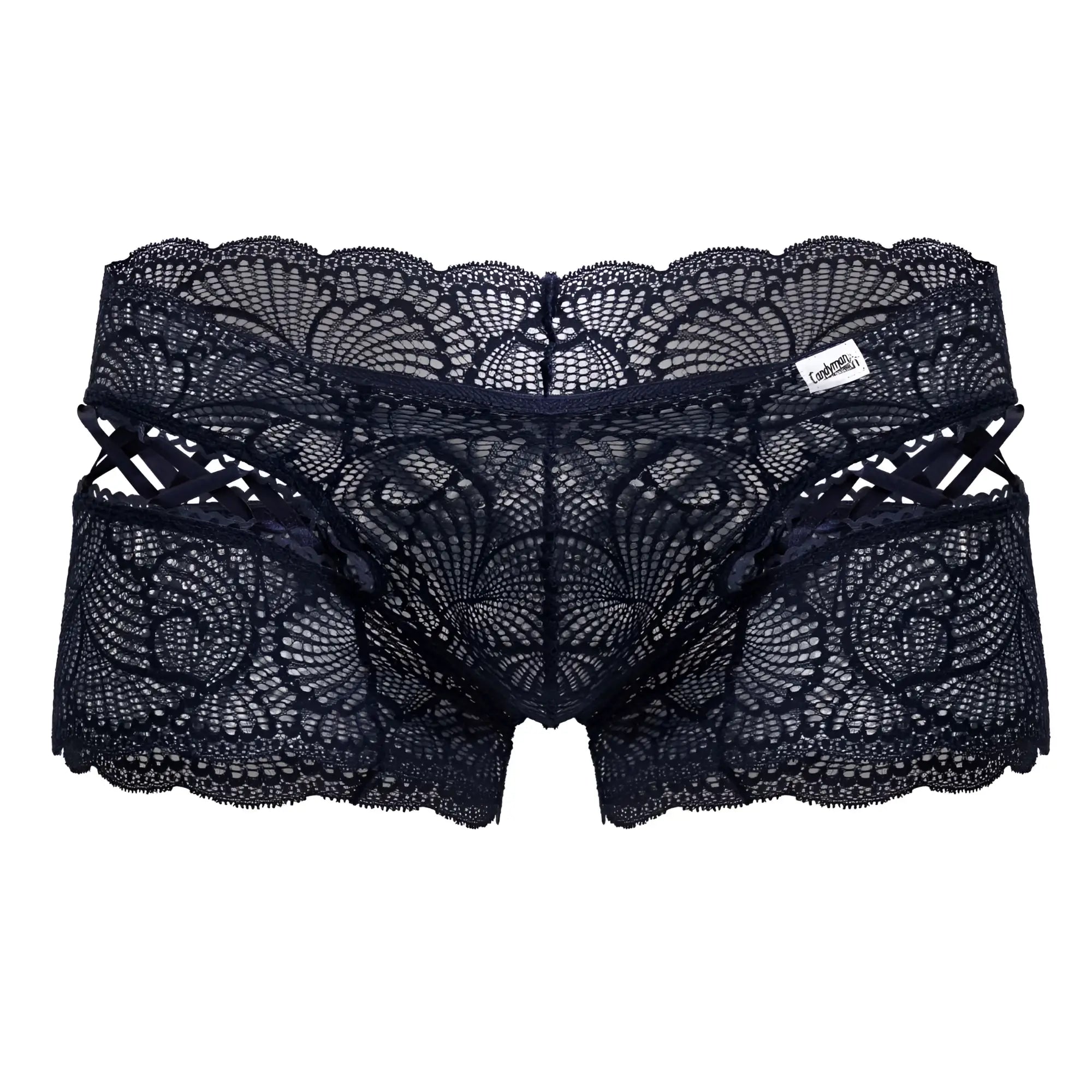 Candyman 99916 lace trunks navy in black lace with intricate floral patterns and scalloped edges front view