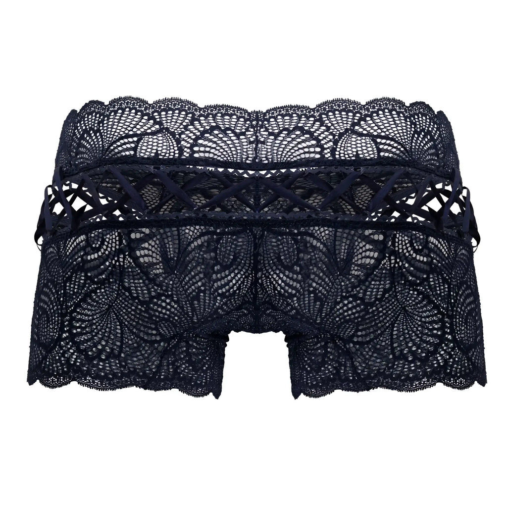 CandyMan 99916 lace trunks in navy featuring black lace underwear with intricate floral patterns and scalloped edges