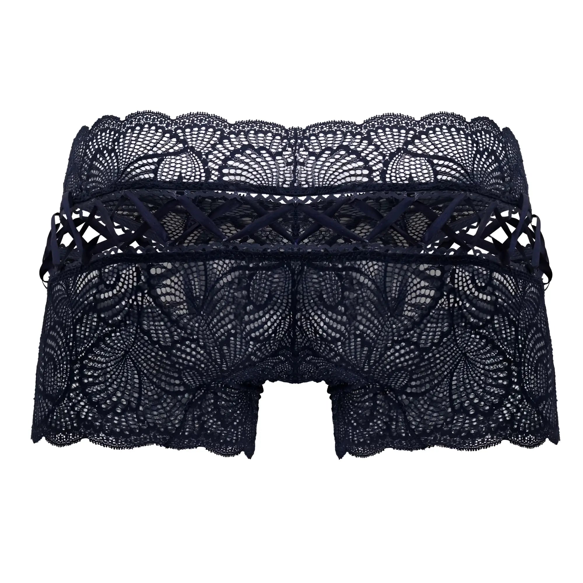 CandyMan 99916 lace trunks in navy featuring black lace underwear with intricate floral patterns and scalloped edges