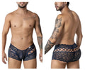 CandyMan 99916 lace trunks in navy featuring intricate floral patterns and a crisscross design in men’s underwear