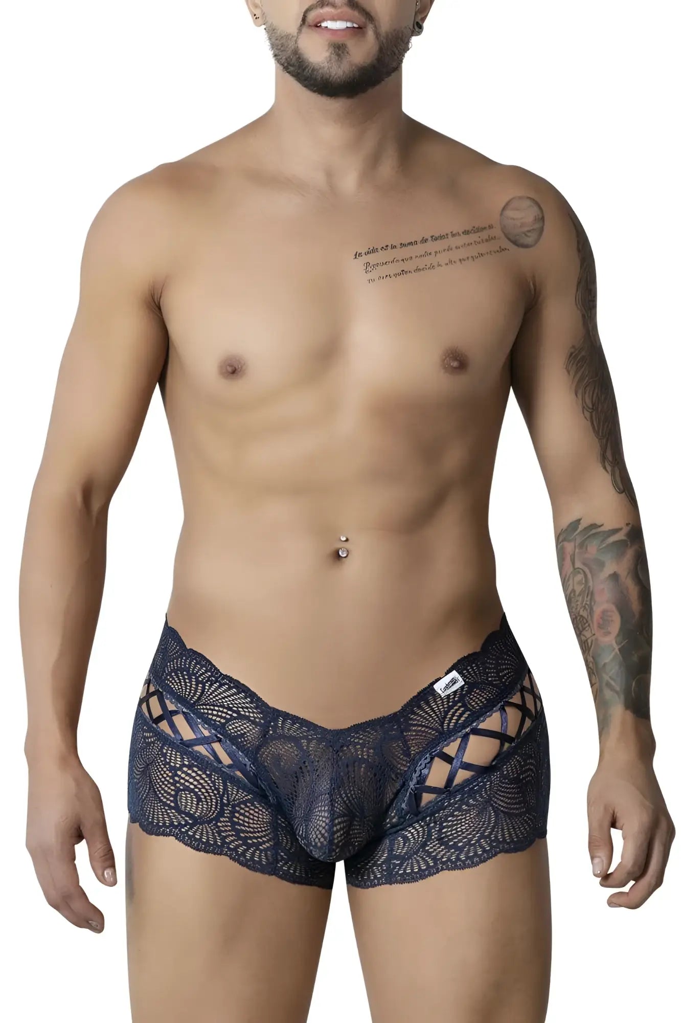 Dark blue lace men’s underwear with intricate pattern and cutout design candyMan 99916 lace trunks navy color