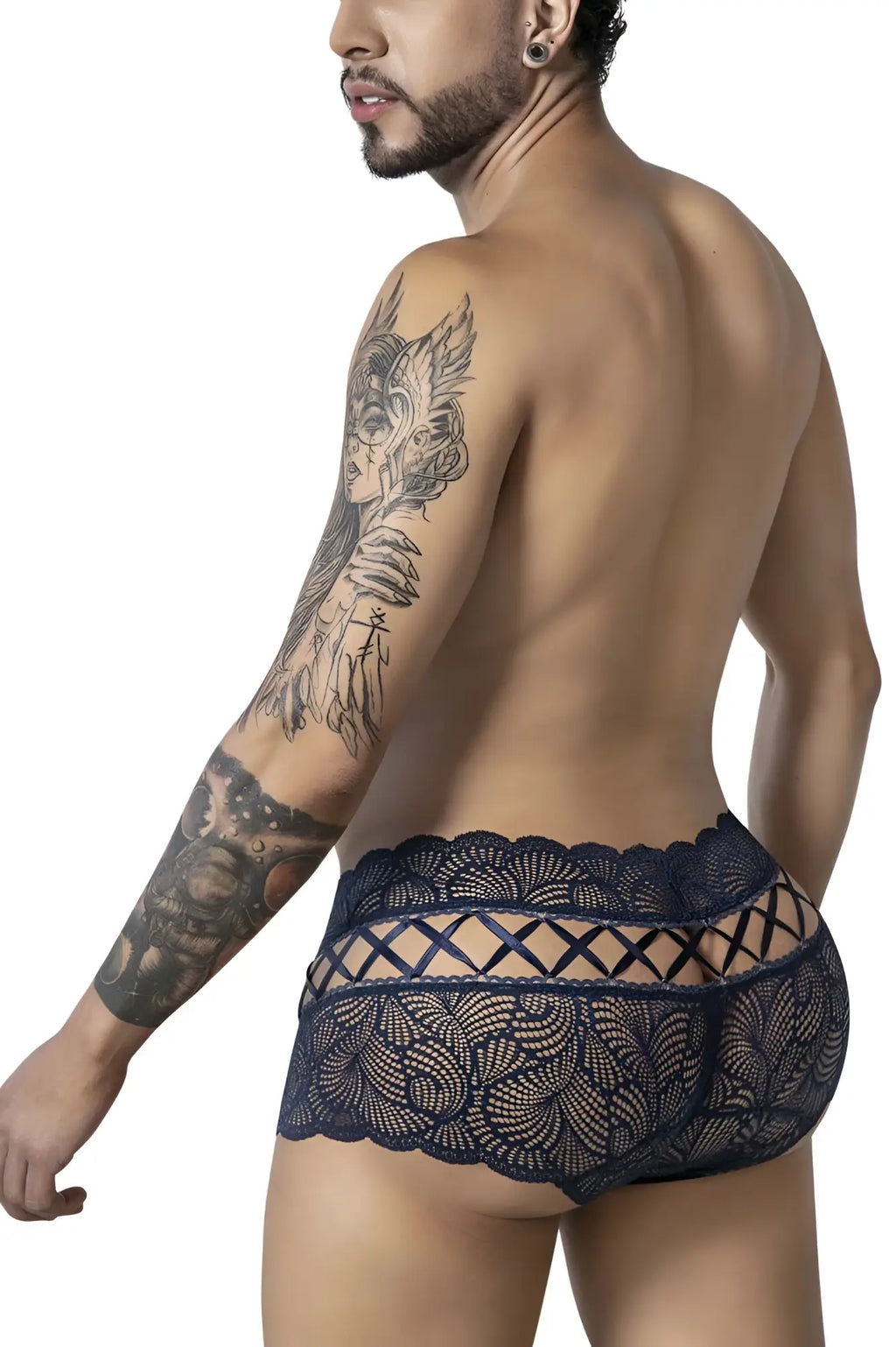 Dark blue lace trunks by candyman featuring intricate floral patterns and a crisscross design in navy color
