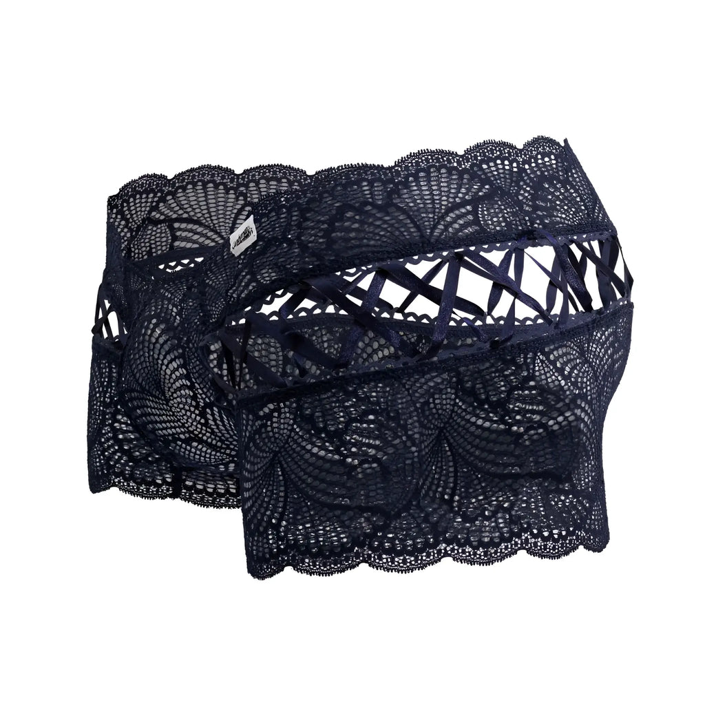 CandyMan 99916 lace trunks in navy with dark navy lace floral patterns and scalloped edges shown from the back side