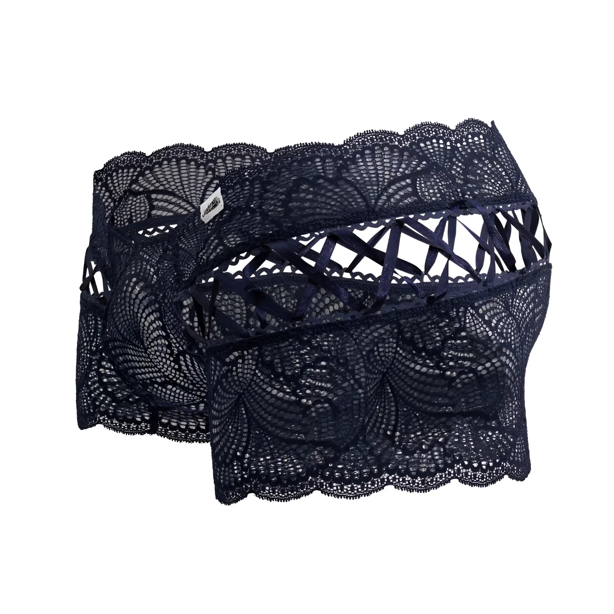 CandyMan 99916 lace trunks in navy with dark navy lace floral patterns and scalloped edges shown from the back side