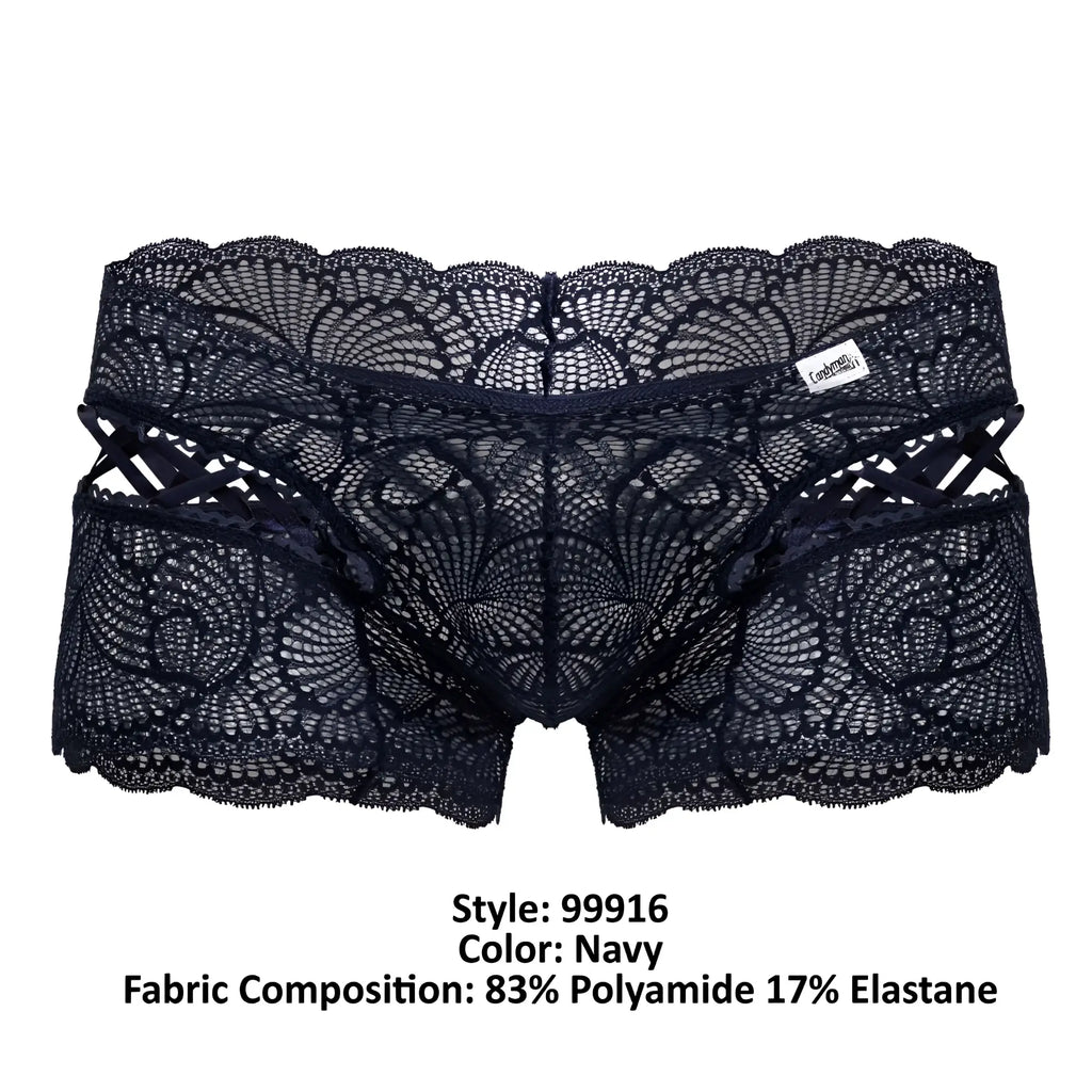 Navy lace briefs by candyman featuring intricate fan-shaped patterns and scalloped edges in lace trunks style