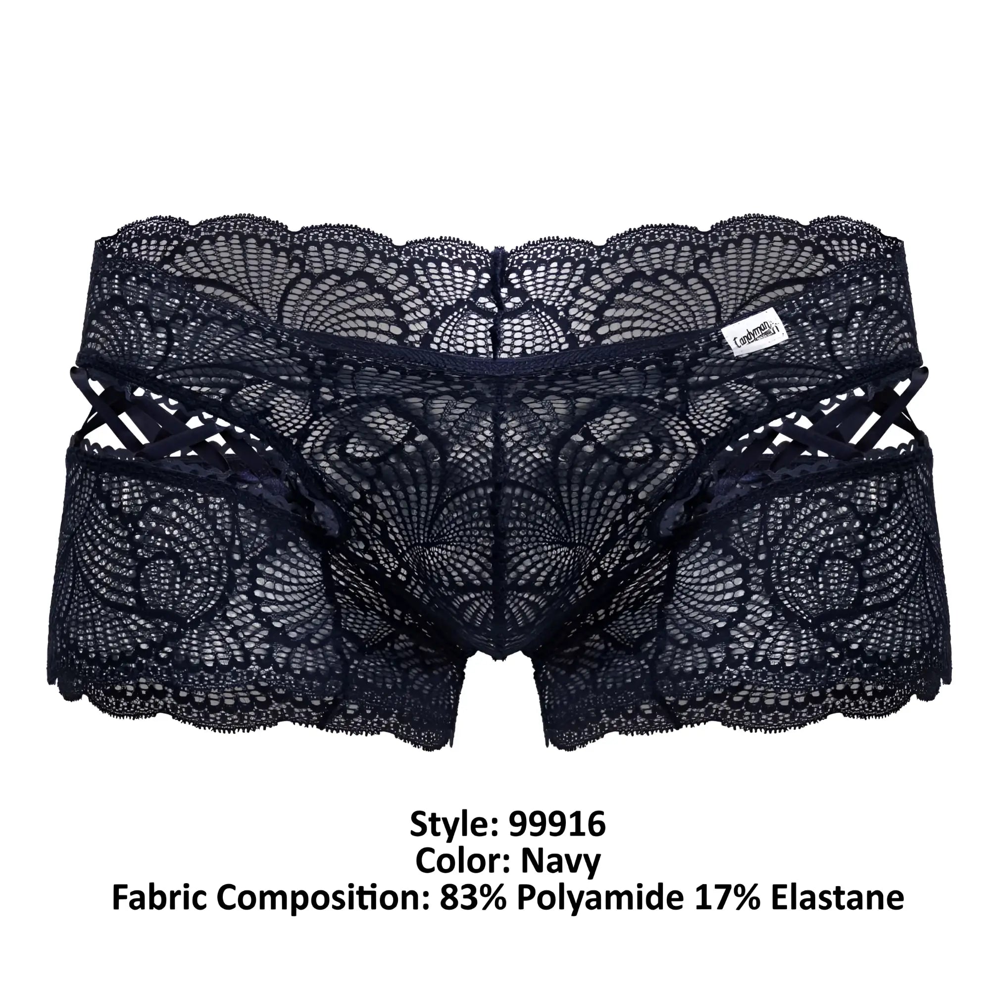 Navy lace briefs by candyman featuring intricate fan-shaped patterns and scalloped edges in lace trunks style