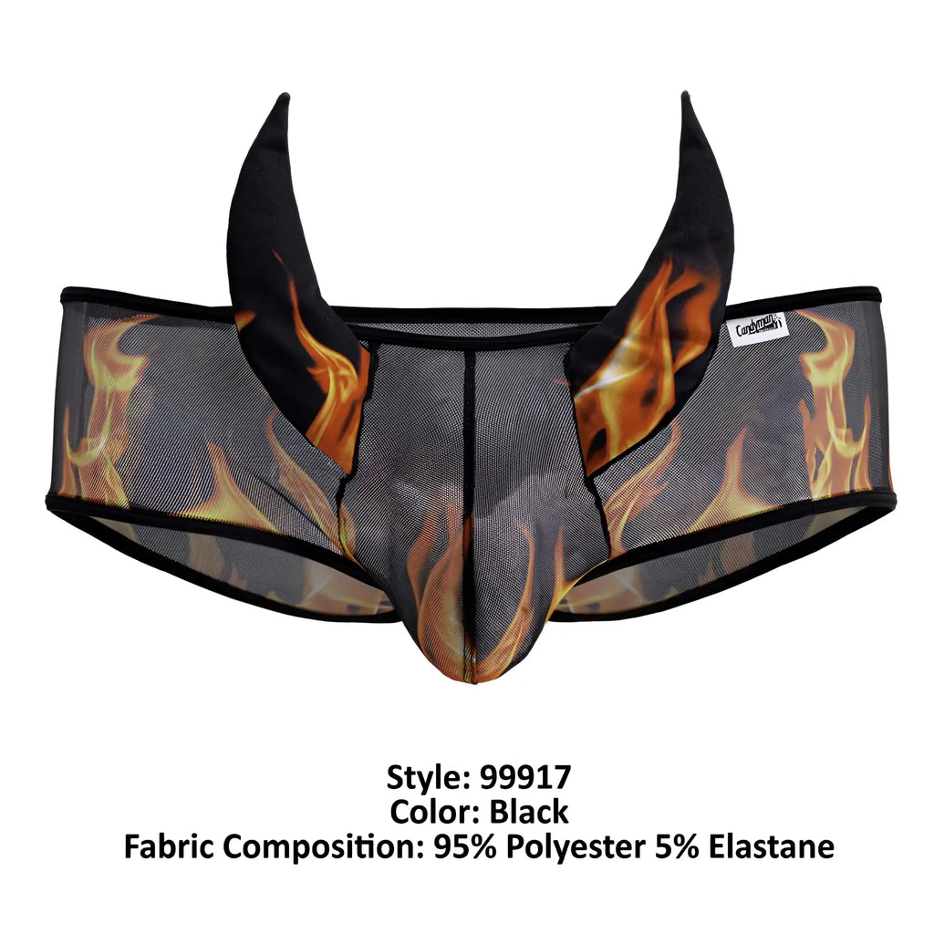 Black candyMan 99917 wicked trunks mesh briefs with bold flame design and devil horns made of 95 polyester 5 elastane