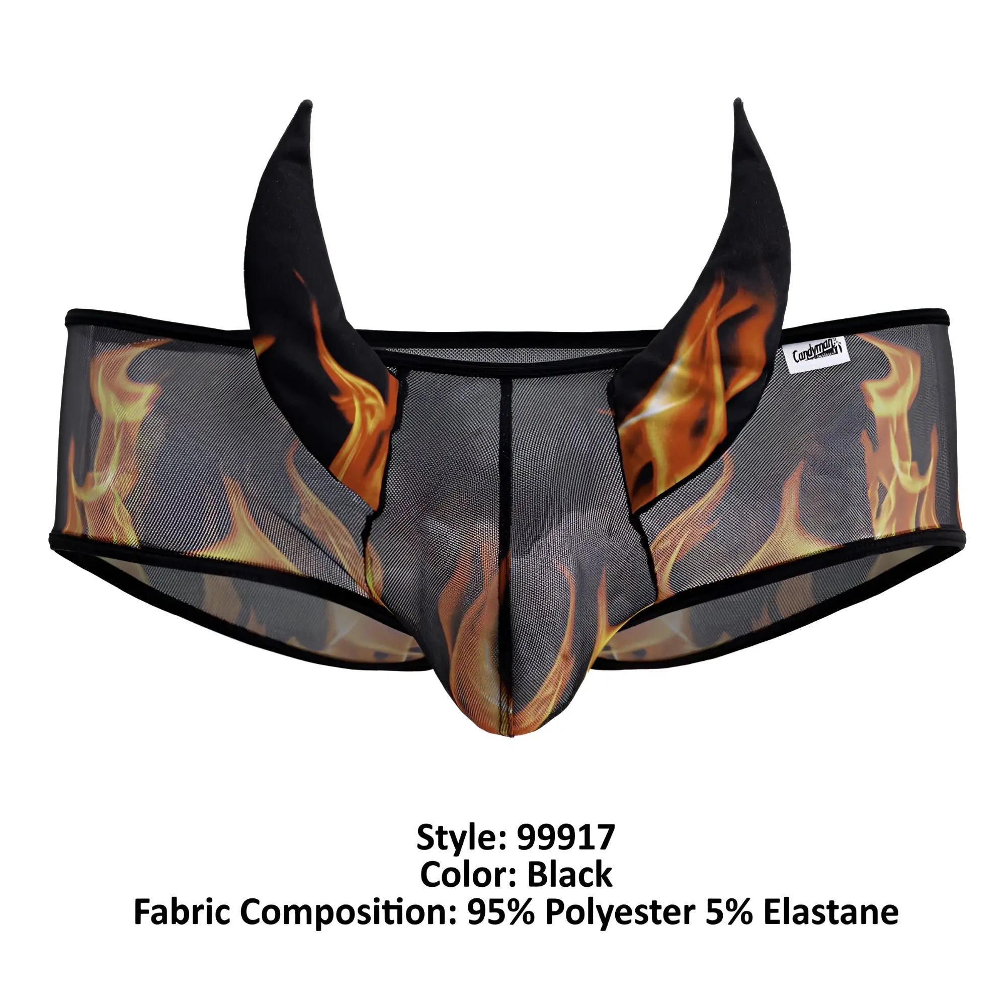 Black candyMan 99917 wicked trunks mesh briefs with bold flame design and devil horns made of 95 polyester 5 elastane
