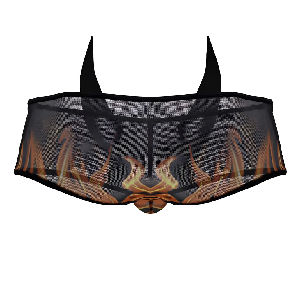CandyMan 99917 wicked trunks black mesh briefs with fiery orange and yellow flame design on the front