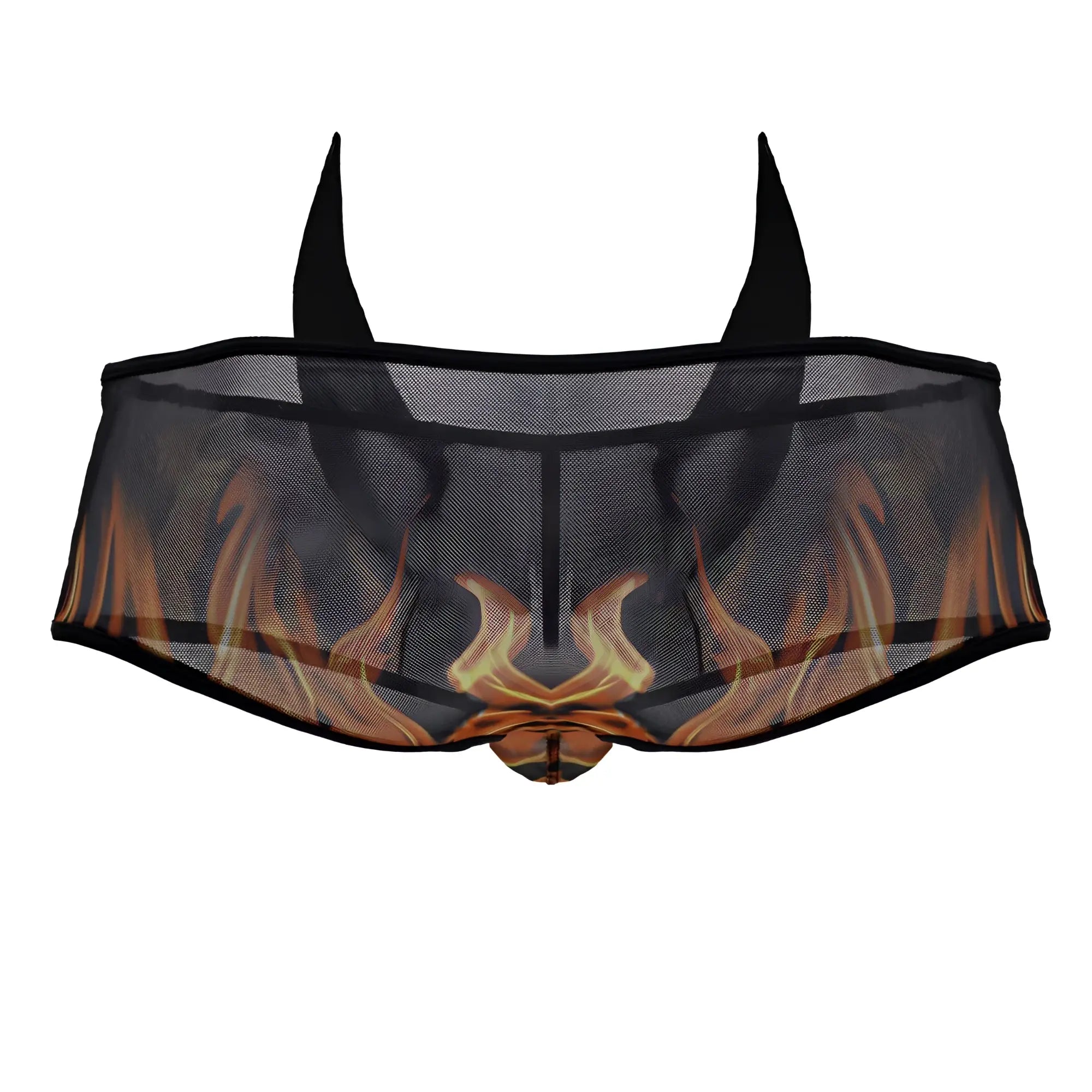 CandyMan 99917 wicked trunks black mesh briefs with fiery orange and yellow flame design on the front