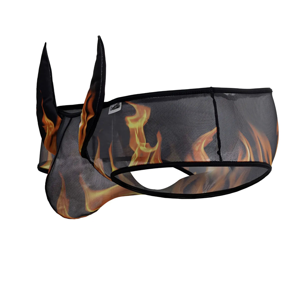 Black mesh horse fly mask candyMan 99917 wicked trunks with flame design and pointed ear flaps