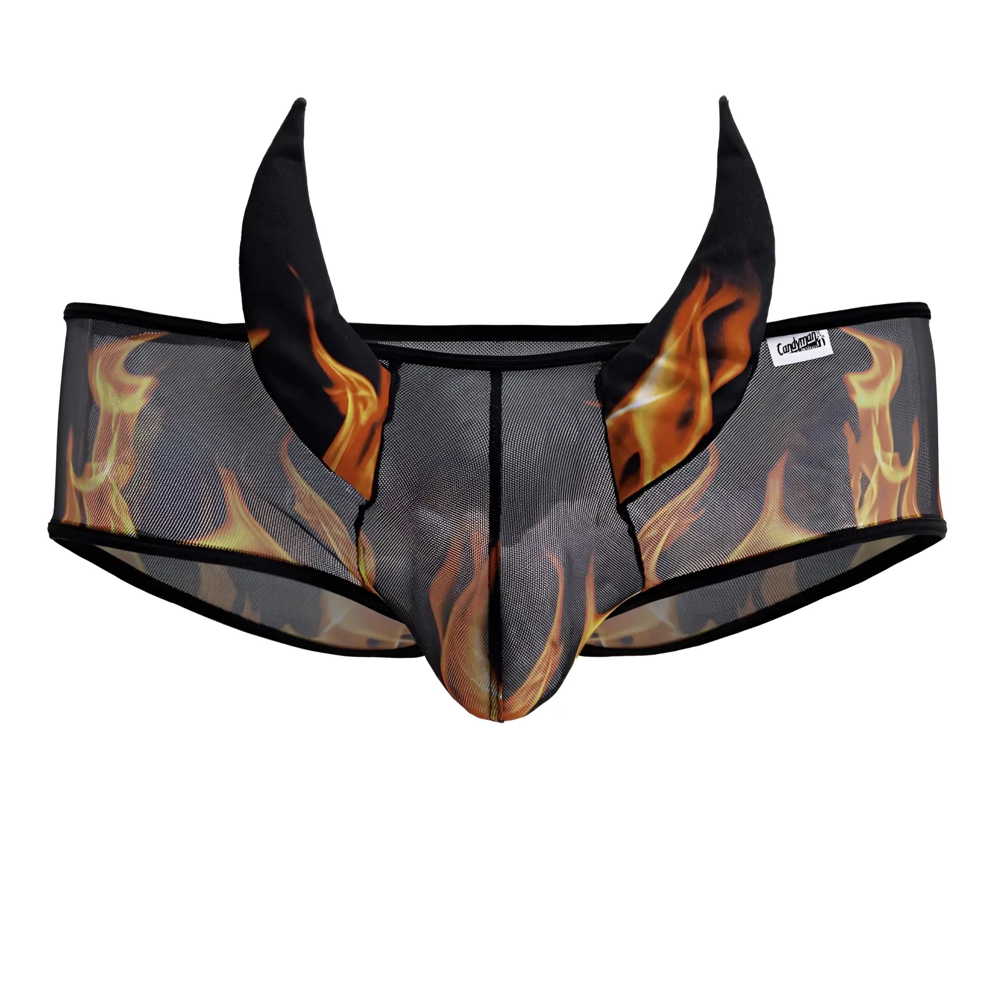 Black mesh men’s underwear candy man 99917 wicked trunks with fiery flame design and devil horns at waistband