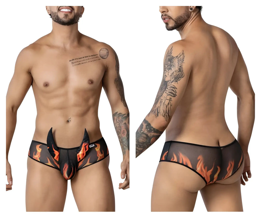Black mesh briefs candyMan 99917 wicked trunks with orange and red flame design for bold underwear style