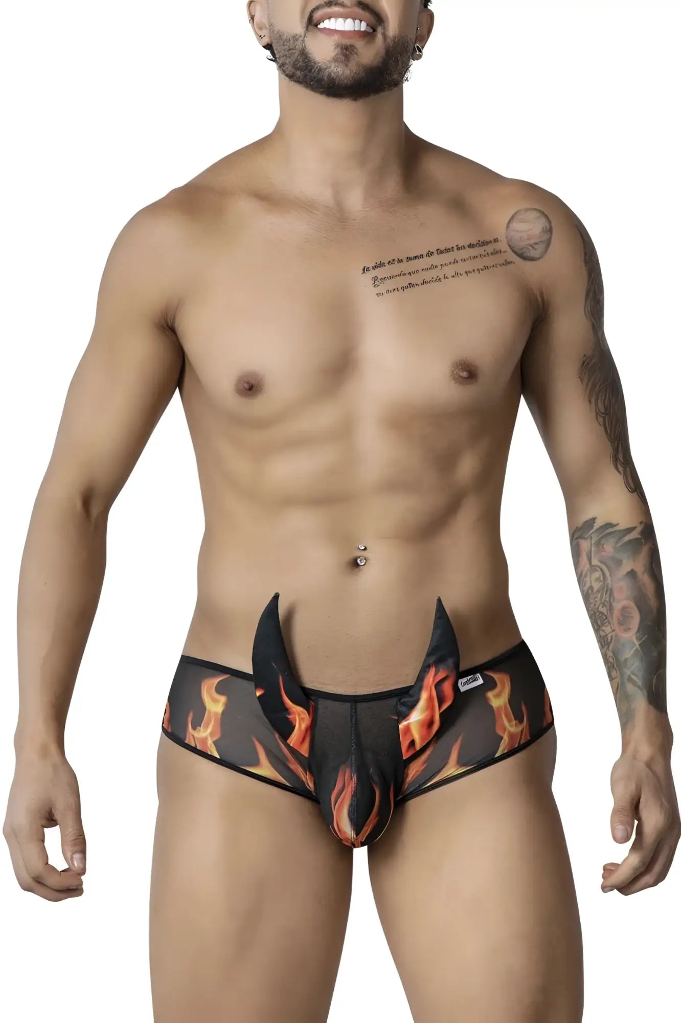 CandyMan 99917 Wicked trunks black men’s briefs with black and orange flame pattern and distinctive cutout design