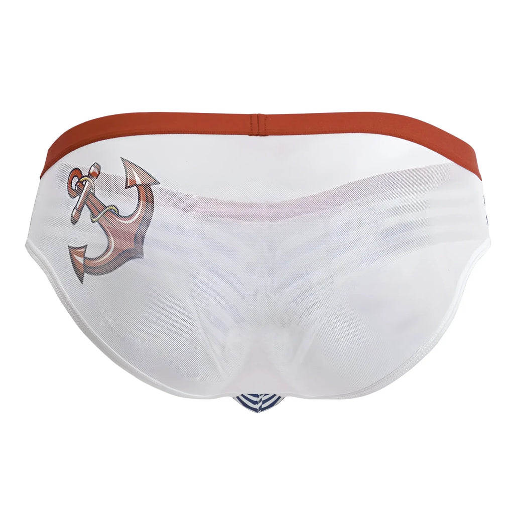 CandyMan 99918 sailor briefs in blue white mesh with rust anchor graphic and orange waistband