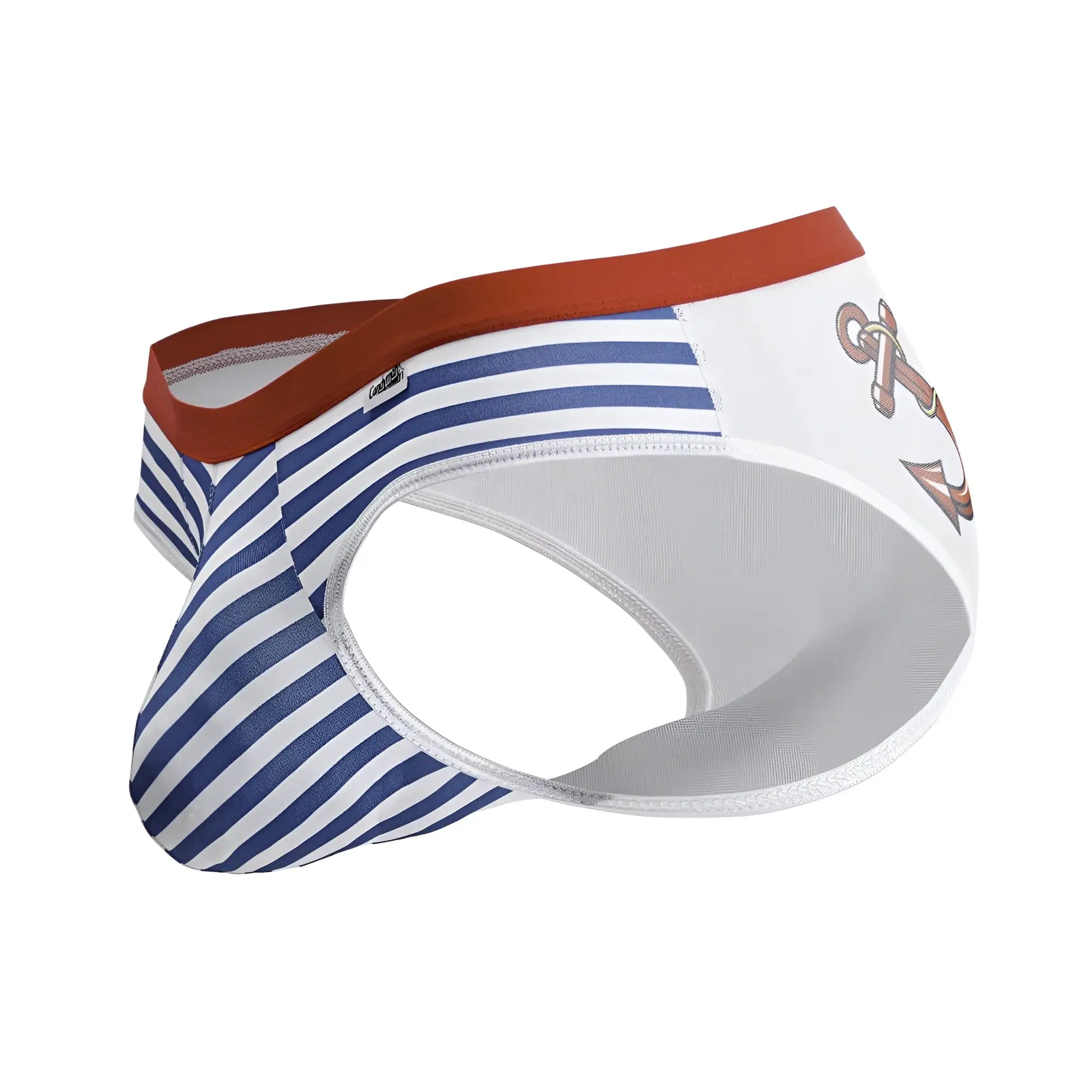 Candy man 99918 sailor briefs in blue white with rust waistband featuring bold stripes and anchor graphic on the side