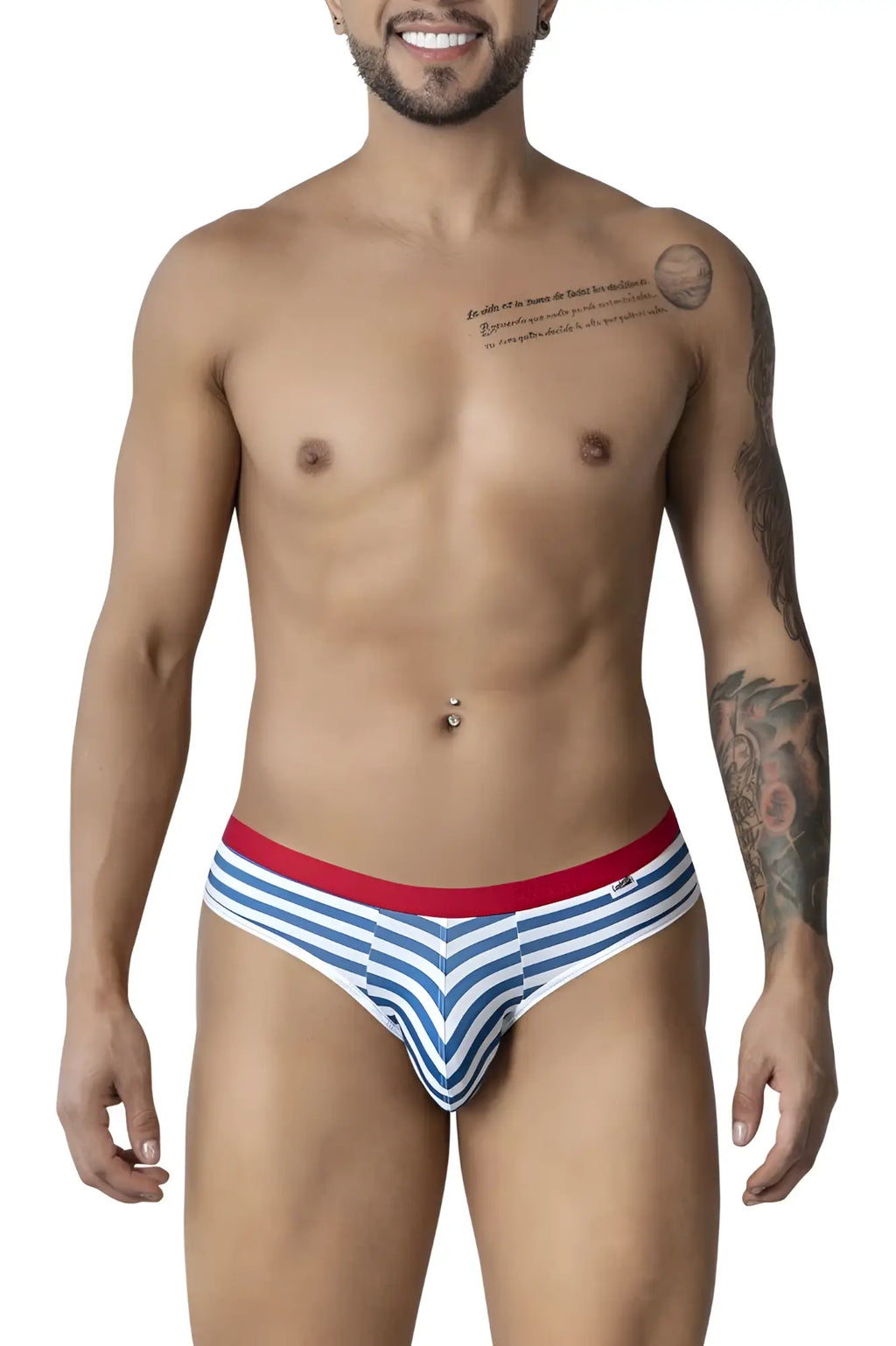 CandyMan 99918 sailor briefs featuring blue and white stripes with a red waistband for men