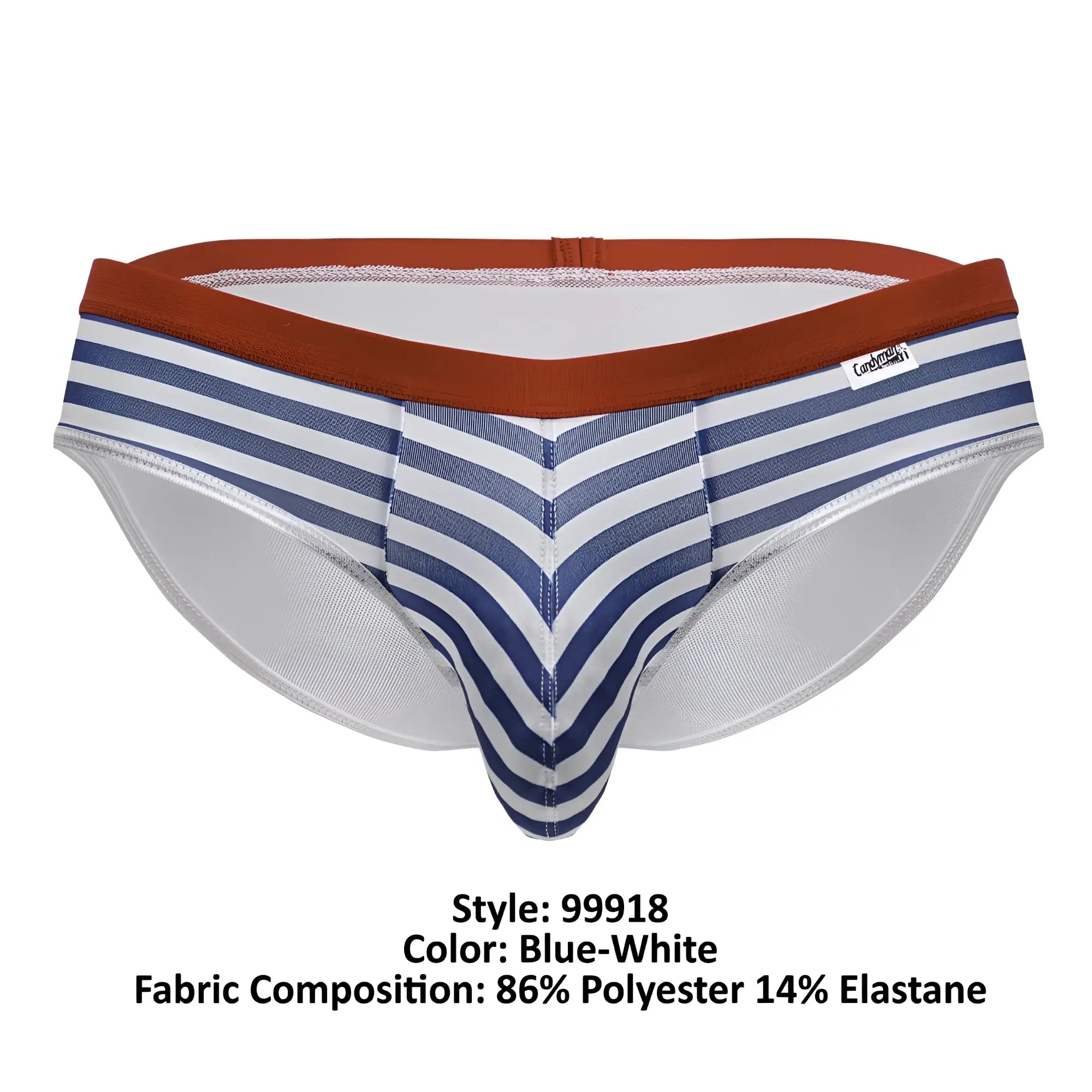 CandyMan 99918 sailor briefs in blue and white stripes with rust waistband and chevron pattern on front