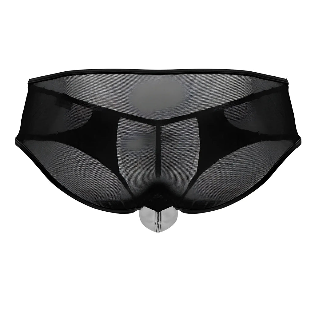 Black sheer mesh men’s CandyMan 99919 tuxedo briefs with a transparent plastic front panel in black-white