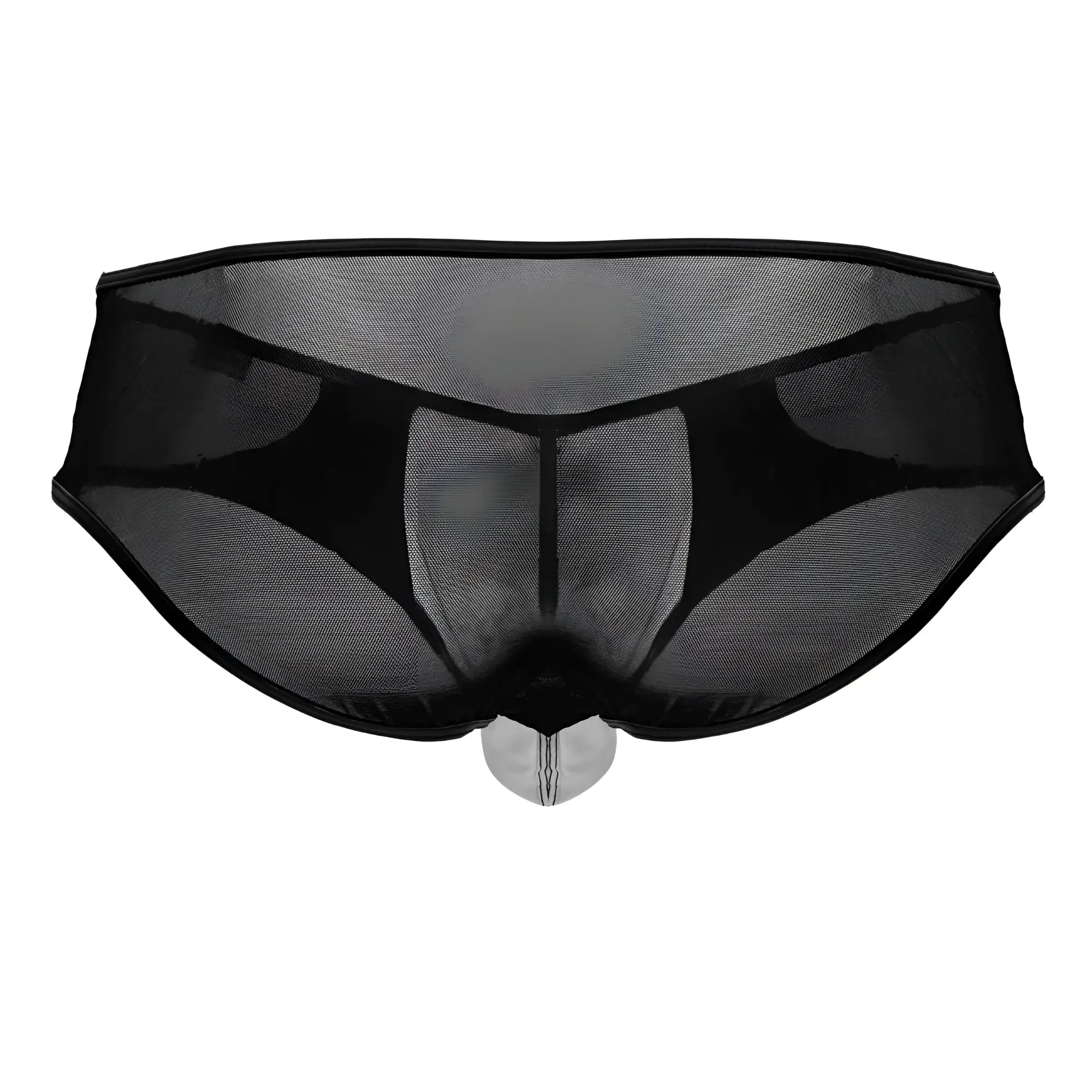 Black sheer mesh men’s CandyMan 99919 tuxedo briefs with a transparent plastic front panel in black-white