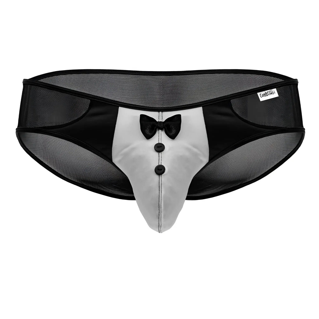 CandyMan 99919 tuxedo briefs black-white with bow tie detail and three black buttons in black and silver fabric