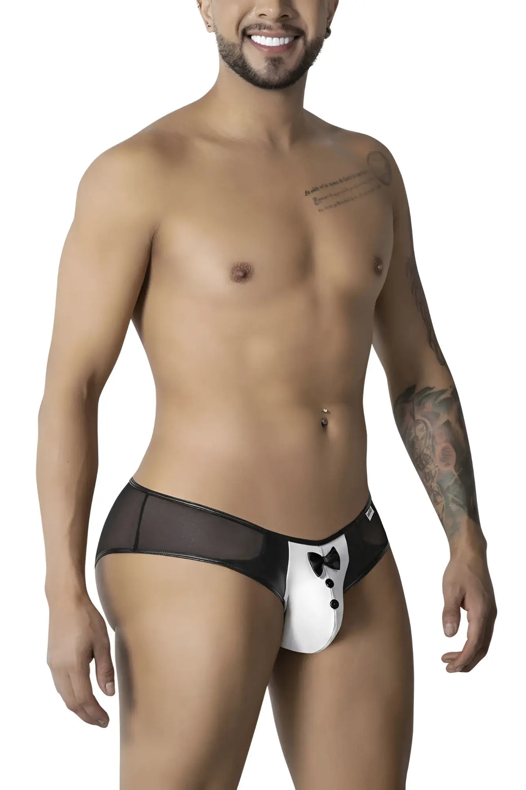 Candyman 99919 black and white tuxedo briefs for men featuring a bow tie design on the front for stylish comfort