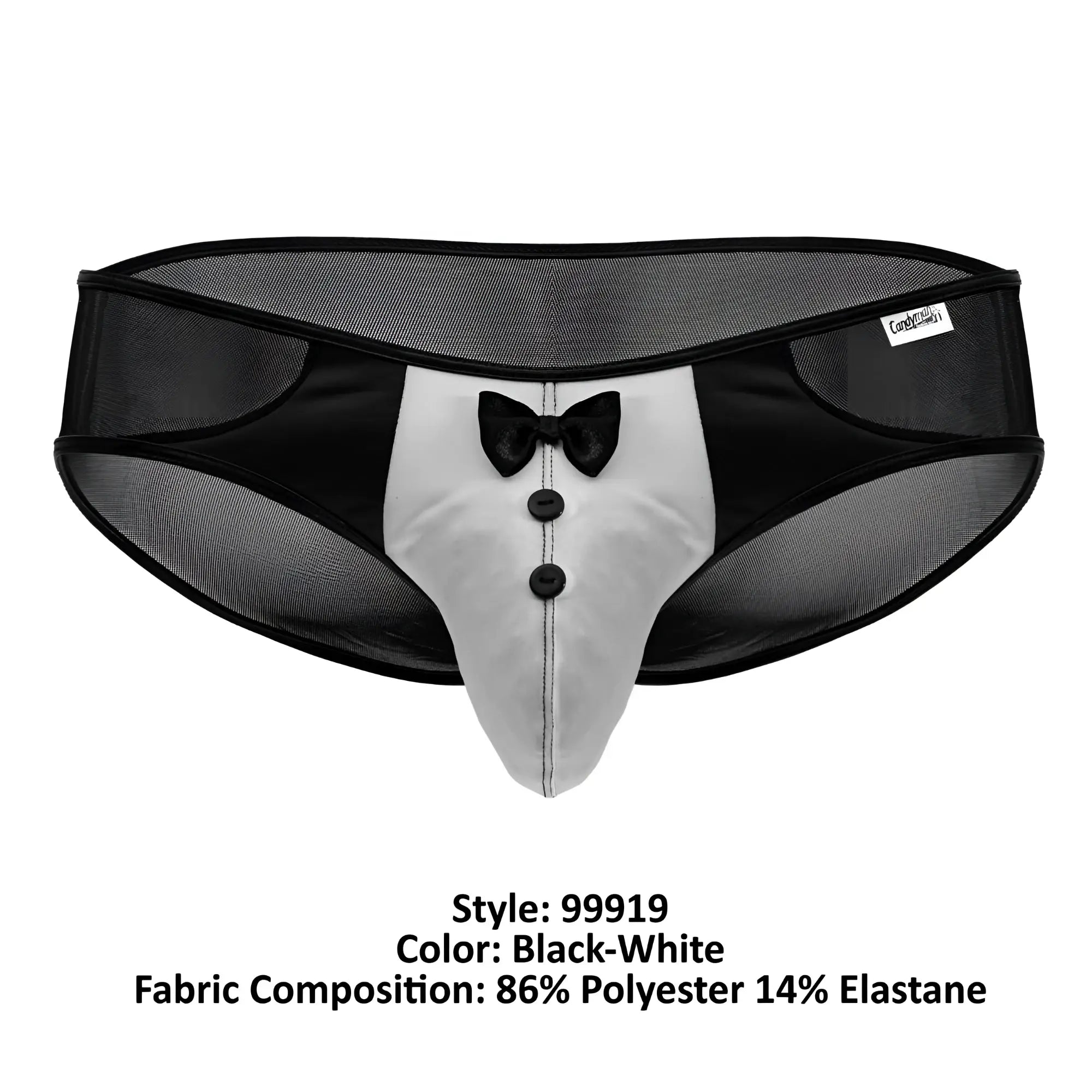 CandyMan 99919 tuxedo briefs in black and white feature a mesh waistband faux bow tie and button details