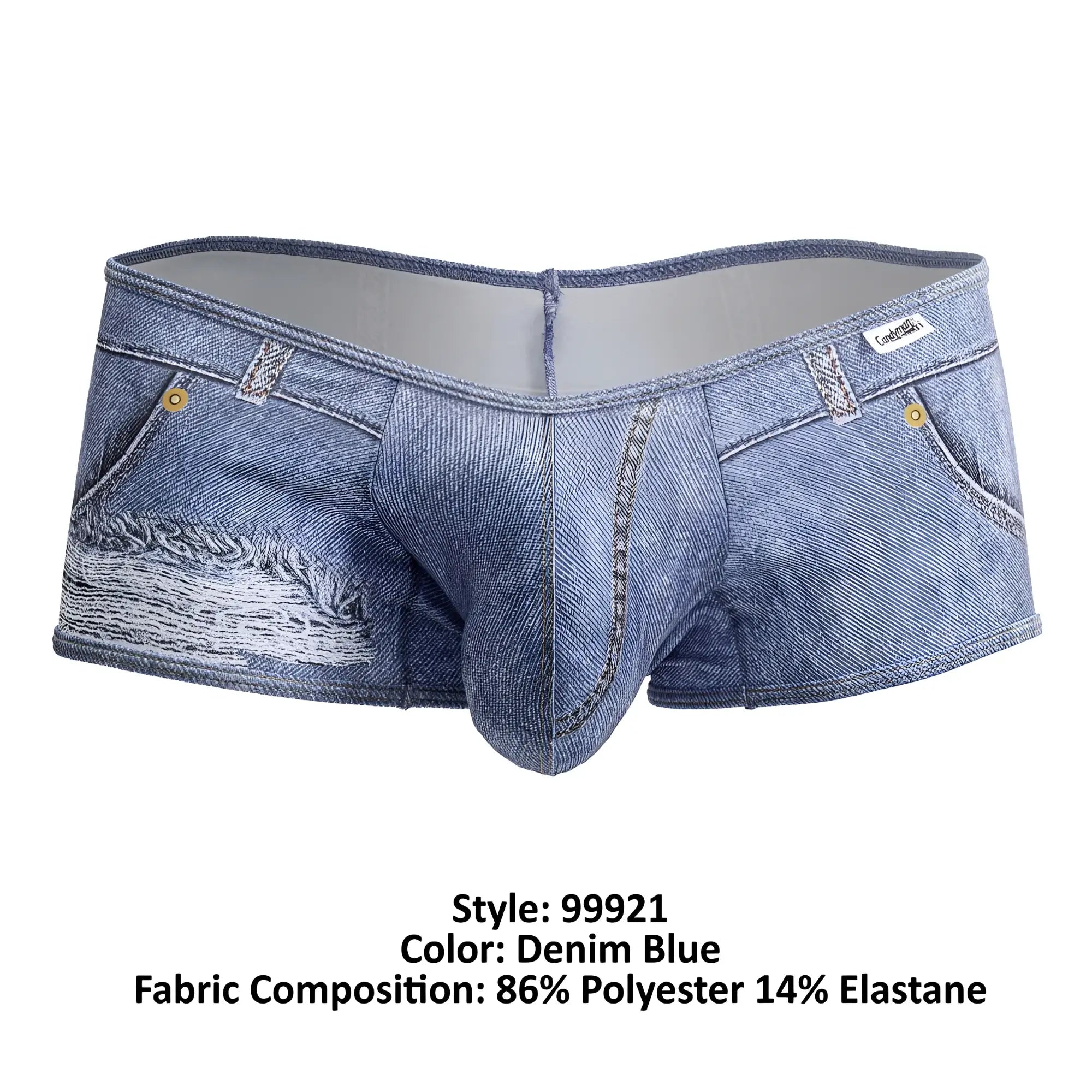 Denim blue men’s underwear trunks by candyman designed to resemble jeans with distressed patch and gold-tone button details