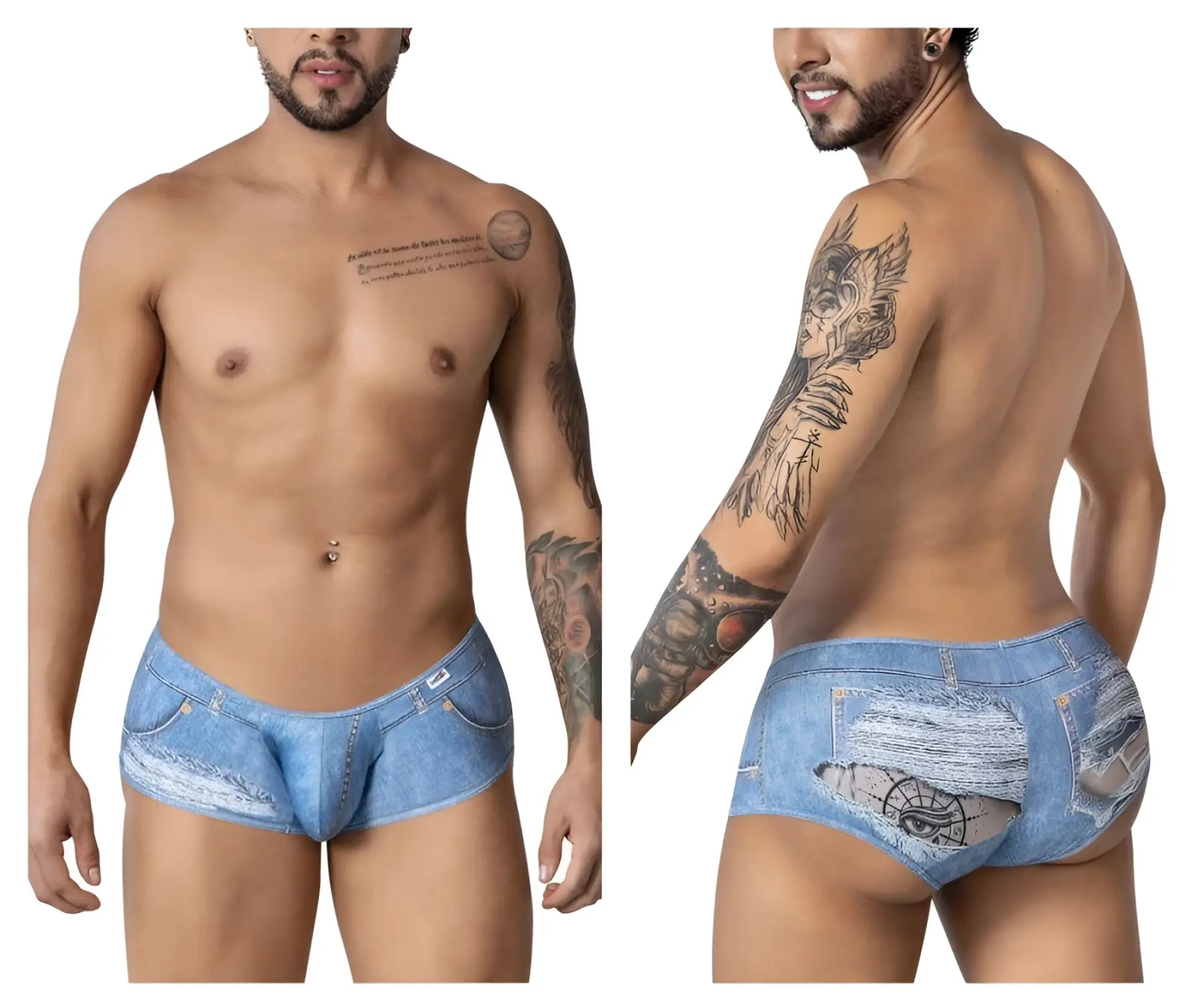Blue denim cowboy trunks candyMan 99921 featuring distressed ripped details and classic jeans design