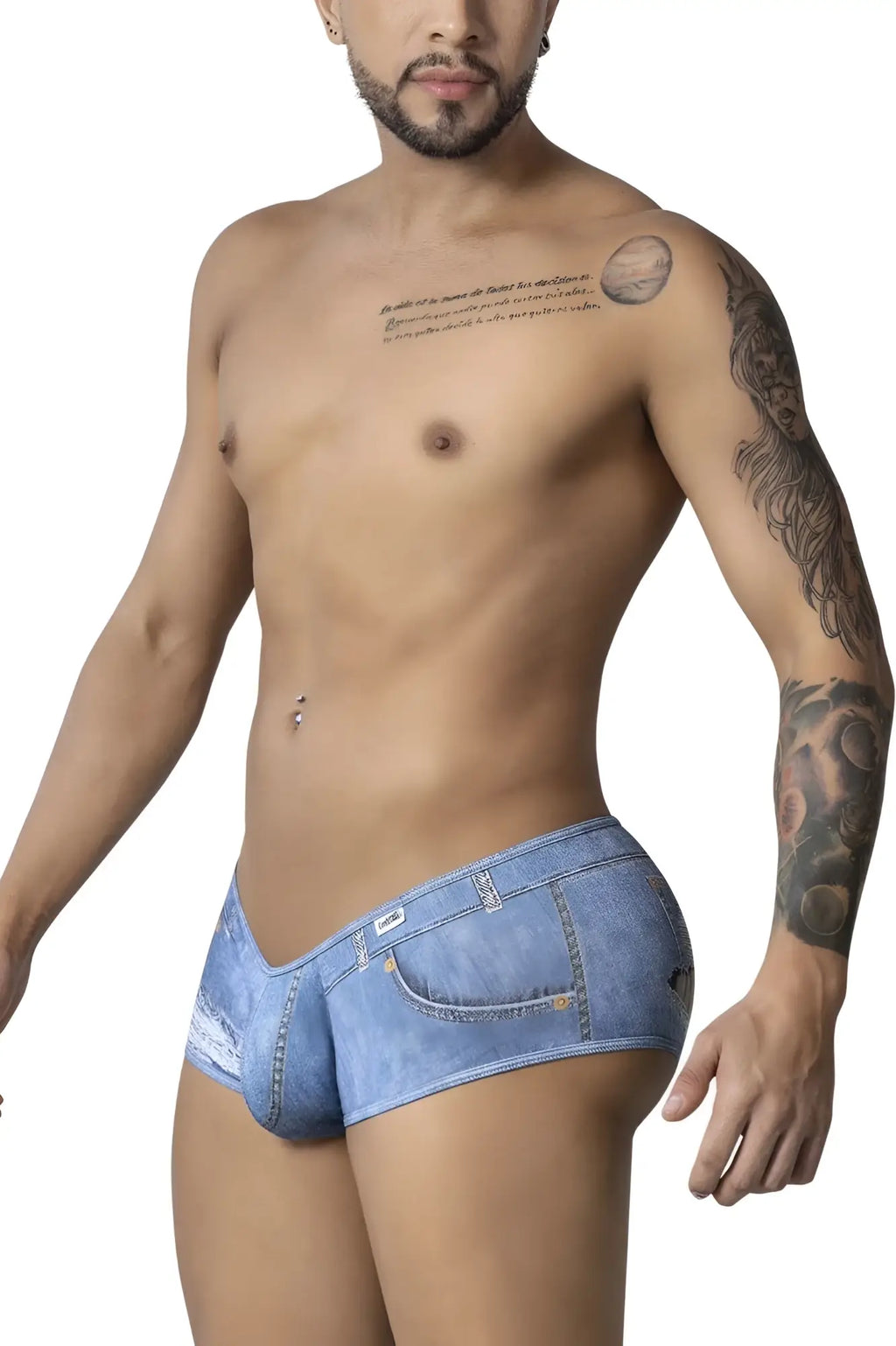 Blue denim-style men’s briefs with front pocket and detailed stitching from candyman 99921 cowboy trunks collection