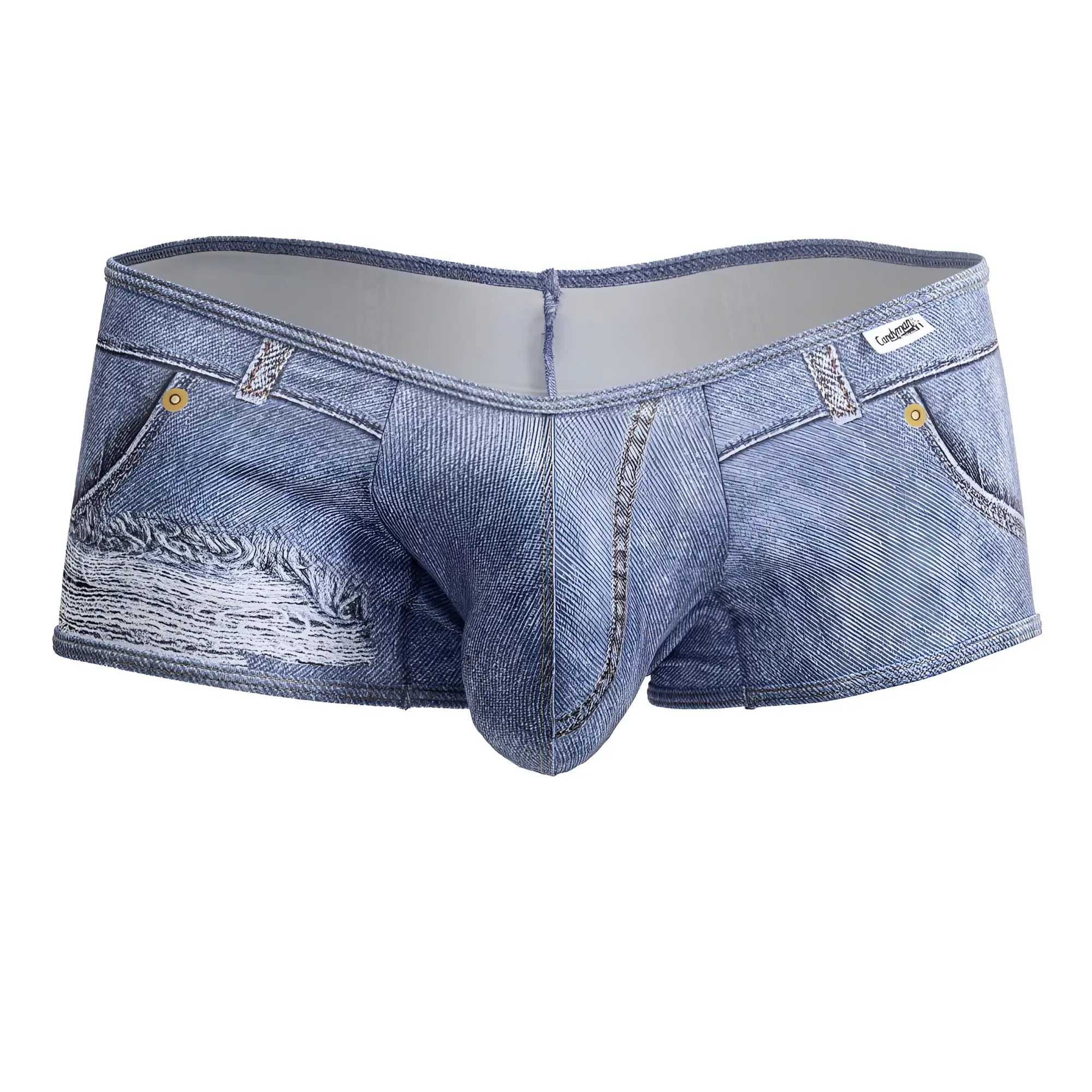 Blue denim-style men’s underwear candyMan 99921 cowboy trunks with distressed patch and gold-tone buttons on left leg