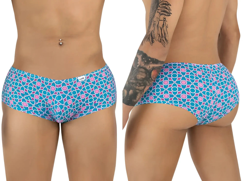 CandyMan 99922 trunks color printed blue men’s briefs in blue and pink geometric pattern with a bold modern design
