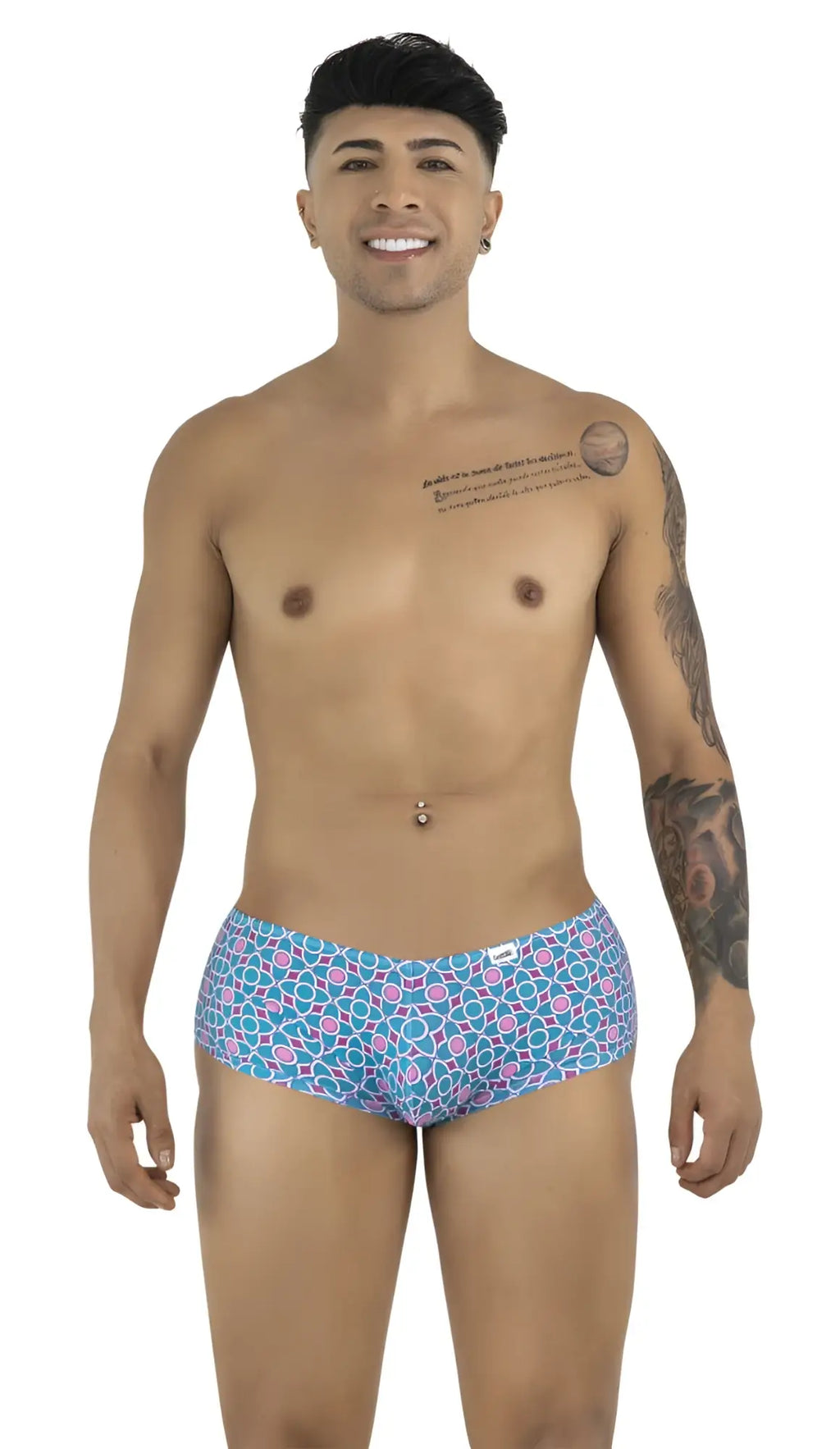 CandyMan 99922 trunks color printed blue swim trunks with blue and pink geometric pattern for beachwear