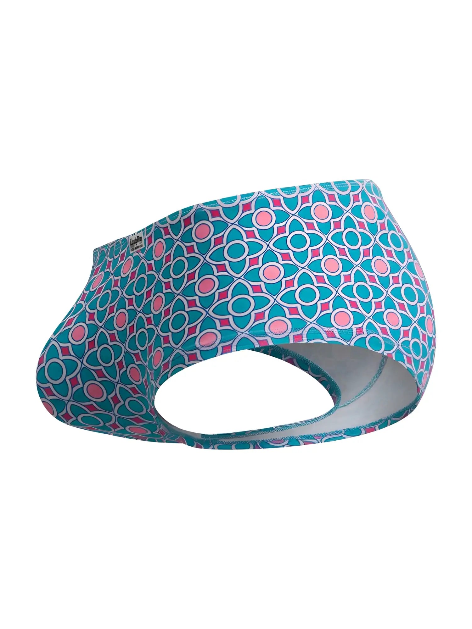 Teal and pink geometric patterned CandyMan 99922 trunks with white outline design perfect for men’s briefs