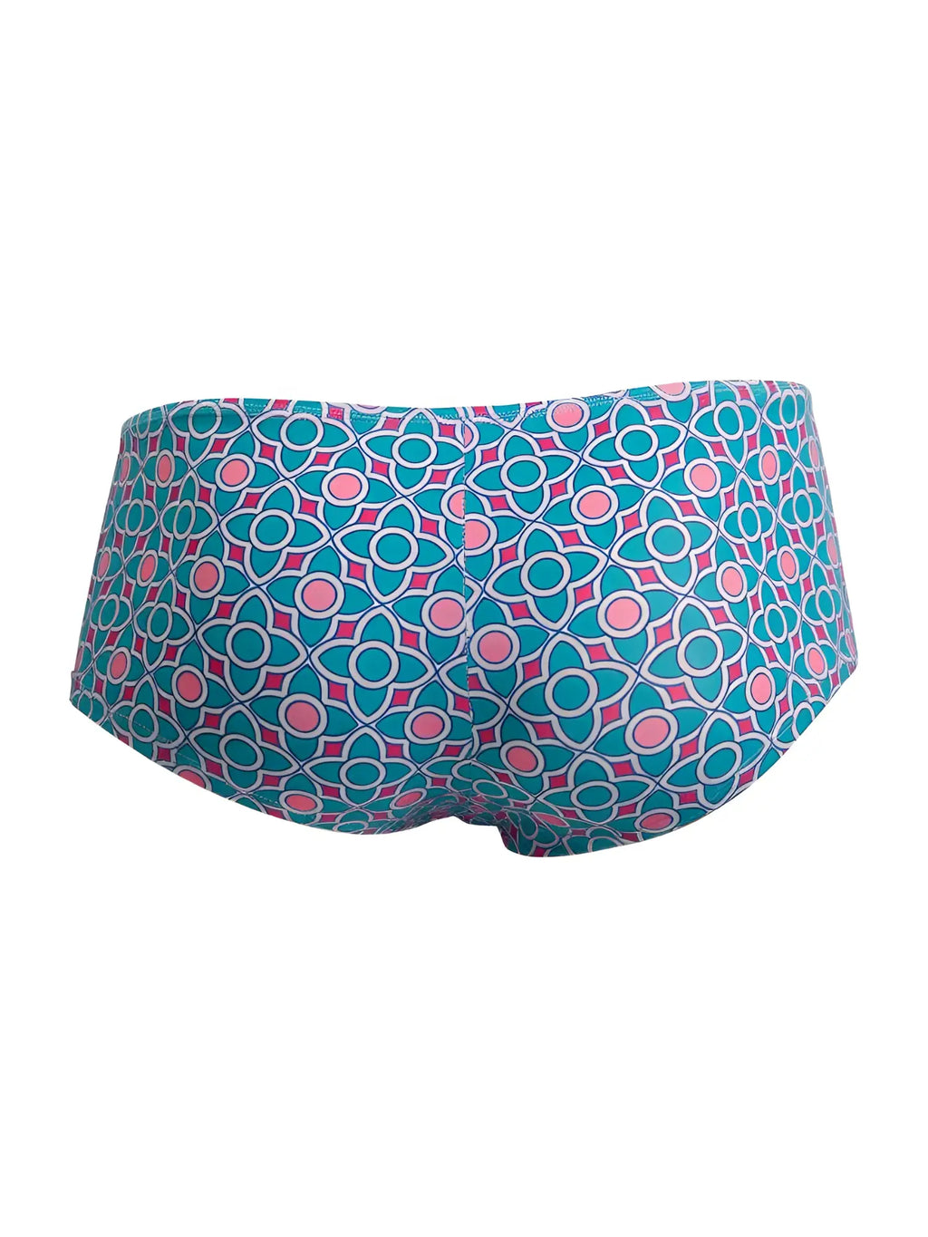 Teal and pink geometric patterned swim trunks with white outlines from CandyMan 99922 trunks color printed blue collection