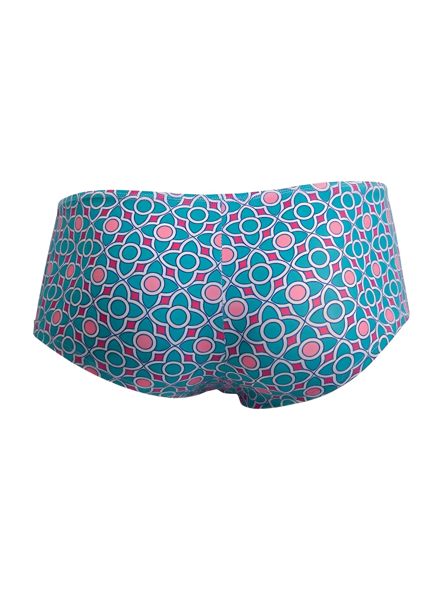 Teal and pink geometric patterned swim trunks with white outlines from CandyMan 99922 trunks color printed blue collection