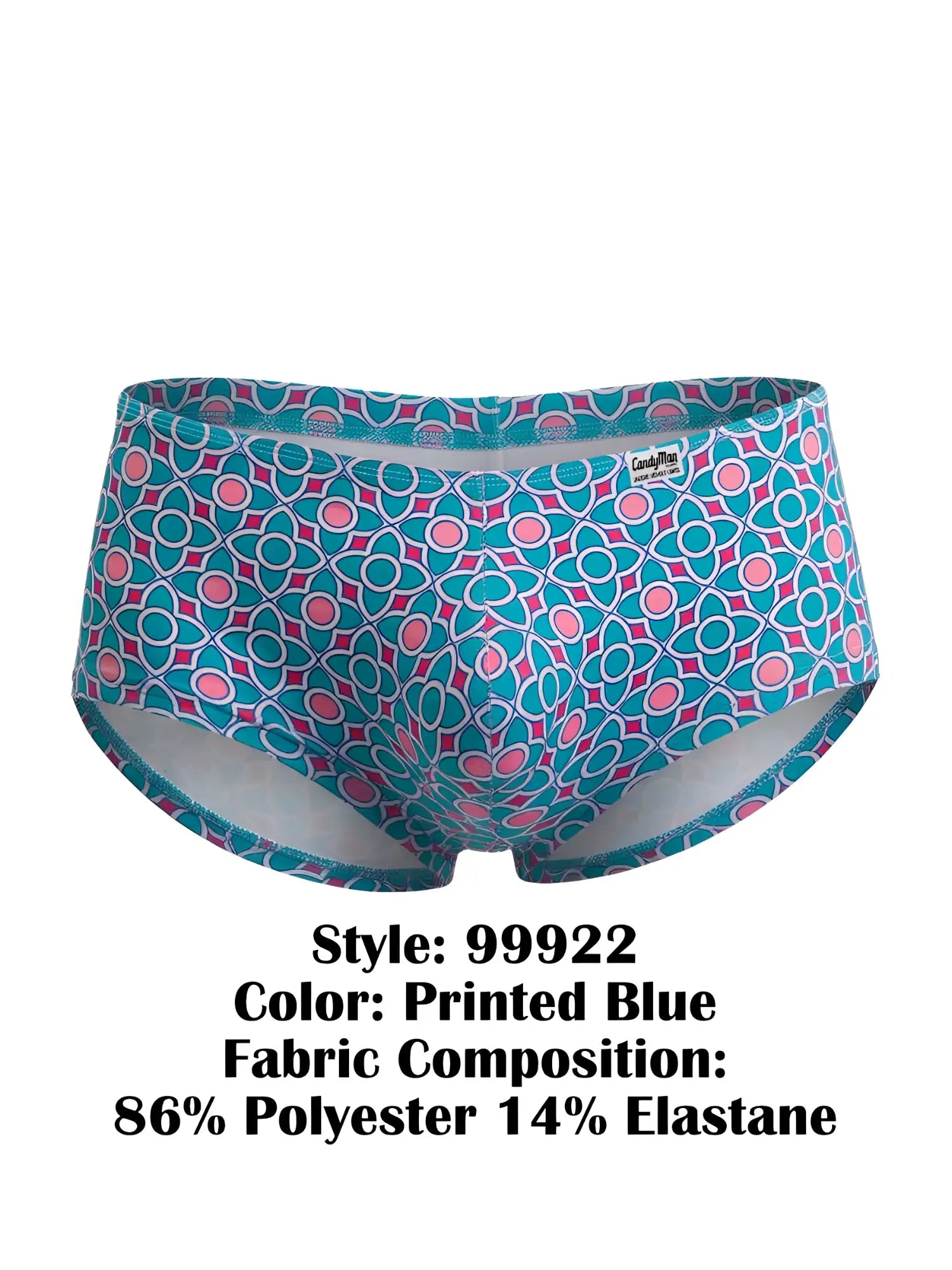 CandyMan 99922 trunks color printed blue briefs with vibrant teal pink and white geometric circle pattern