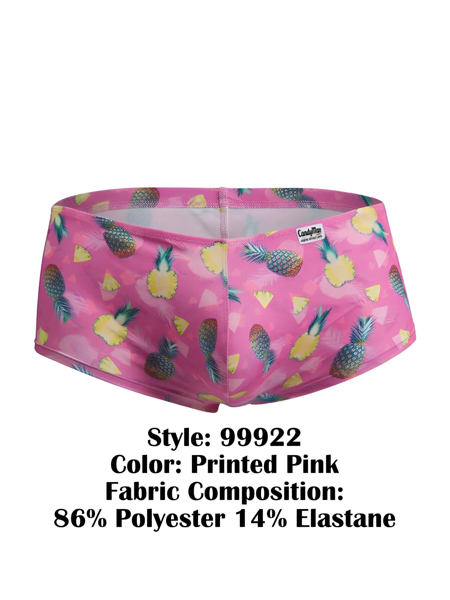 CandyMan 99922 printed pink swim trunks with vibrant pineapple pattern made of 86 polyester and 14 elastane