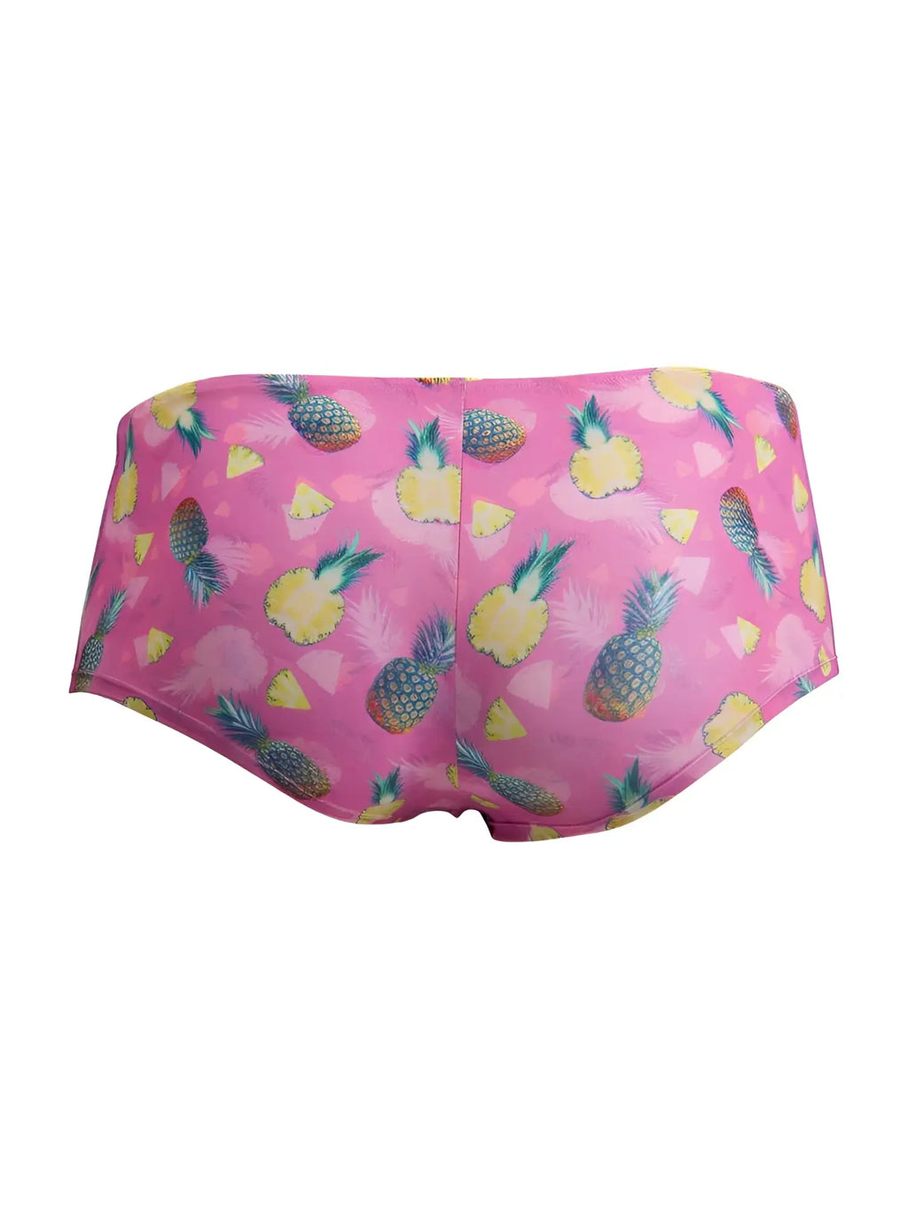 CandyMan 99922 pink swim trunks with vibrant yellow pineapple pattern and green tops on bright pink fabric