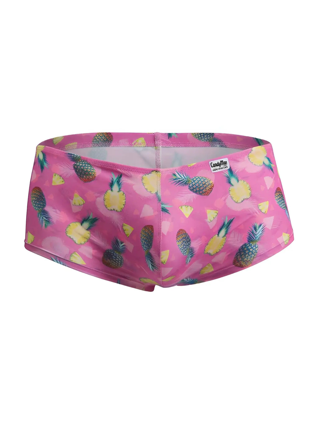 Pink CandyMan 99922 trunks with vibrant yellow green and brown pineapple print perfect for beachwear