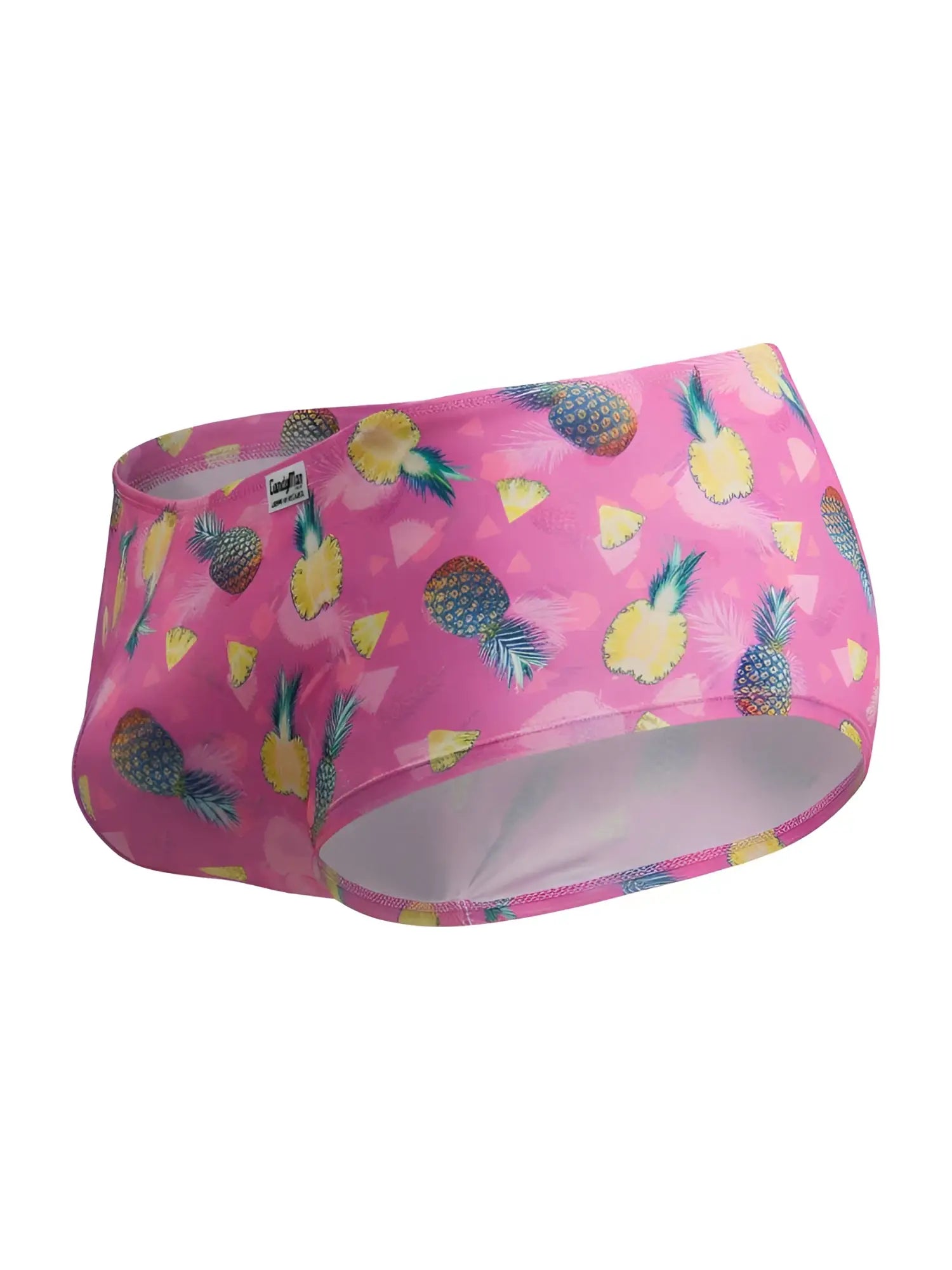 CandyMan 99922 pink swim trunks with vibrant yellow and green pineapple pattern on bright pink background