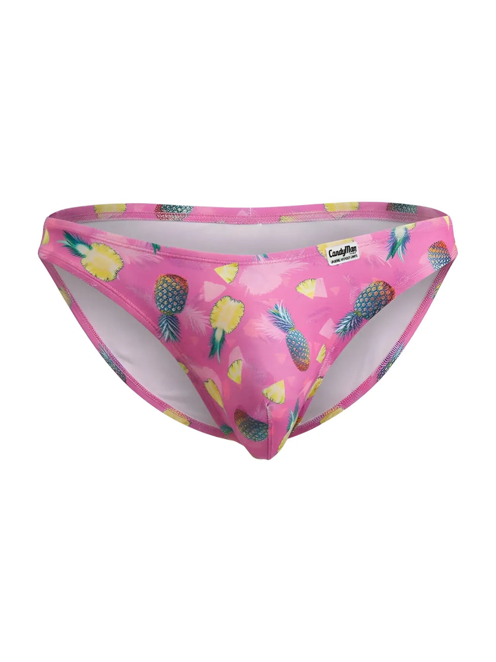 Pink pineapple-patterned candyMan 99923 bikini briefs with white interior and a small candyman brand tag