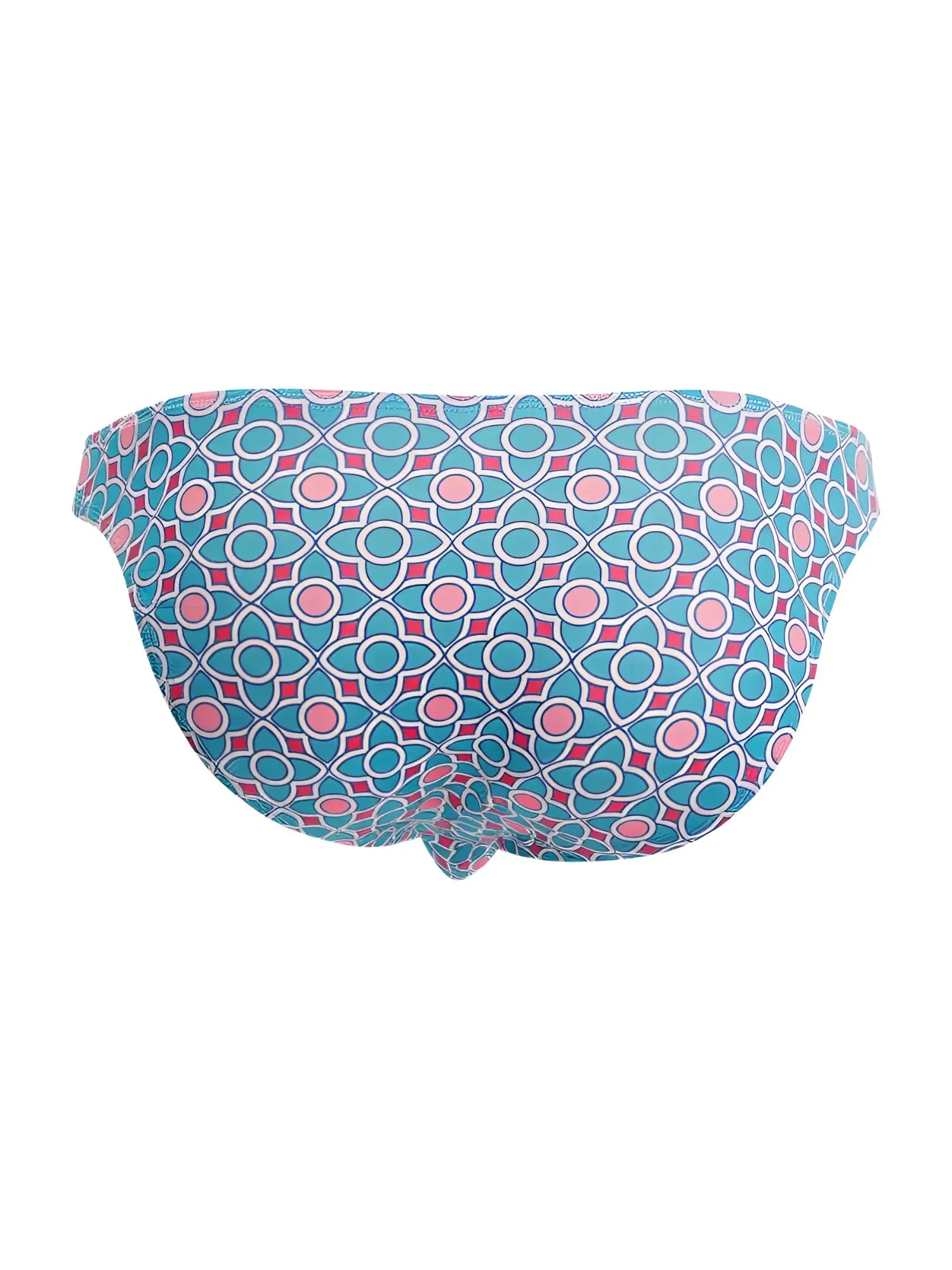 A pair of candyman 99923 briefs with turquoise and pink geometric pattern and white outlines in blue color